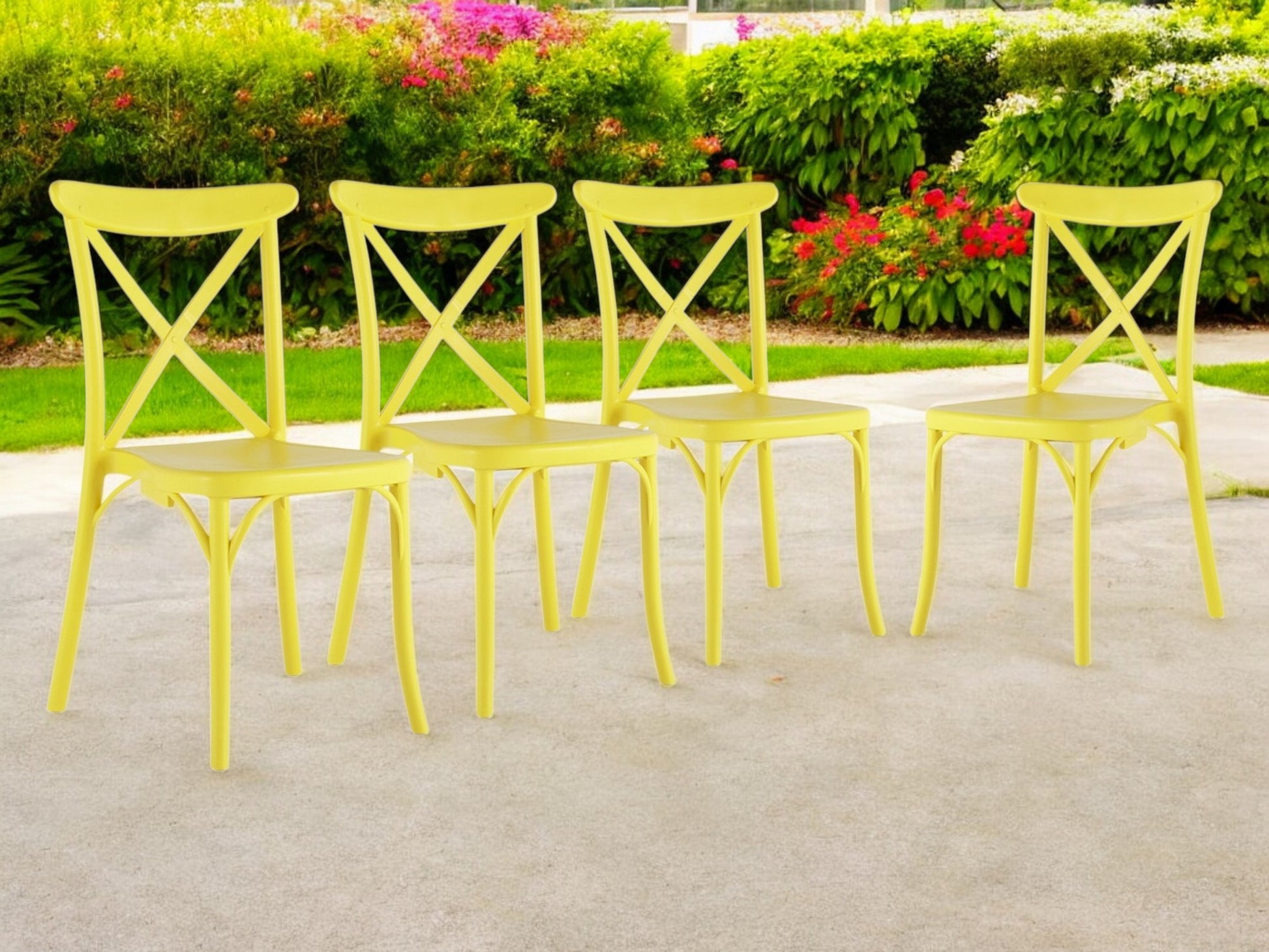 Set of Four Yellow Heavy Duty Plastic Cross Back Dining Chairs-Outdoor Chairs-DECOROLALA
