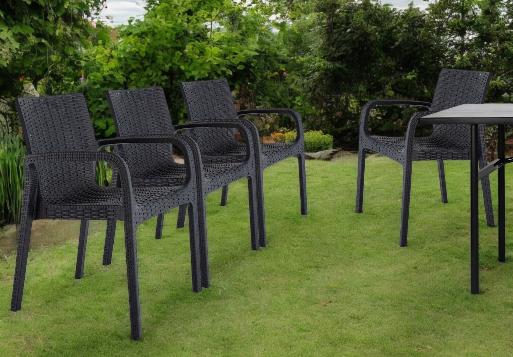 Set of Four 24" Black Faux Rattan Heavy Duty Plastic Outdoor Stacking Arm Chairs-Outdoor Chairs-DECOROLALA