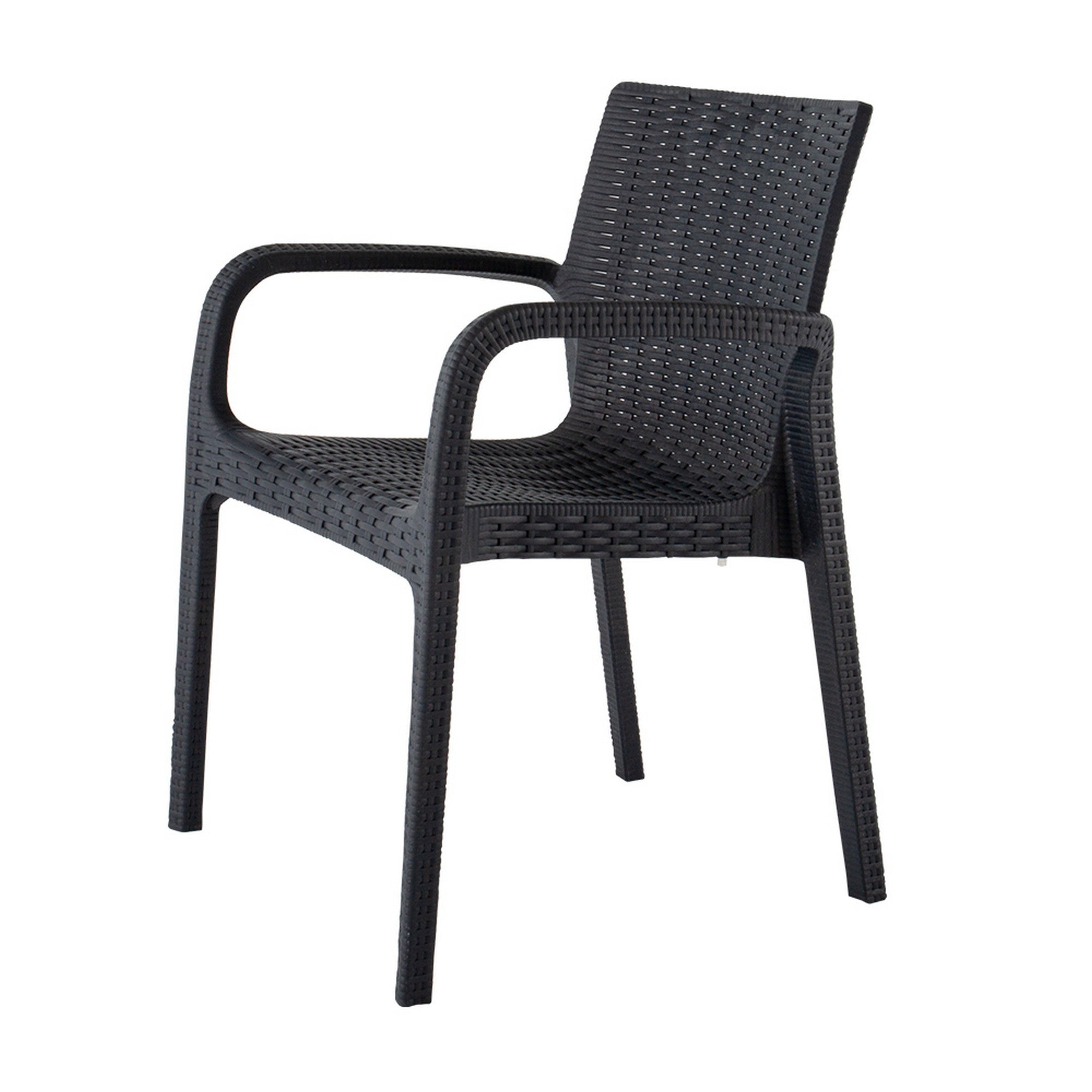 Set of Four 24" Black Faux Rattan Heavy Duty Plastic Outdoor Stacking Arm Chairs-Outdoor Chairs-DECOROLALA