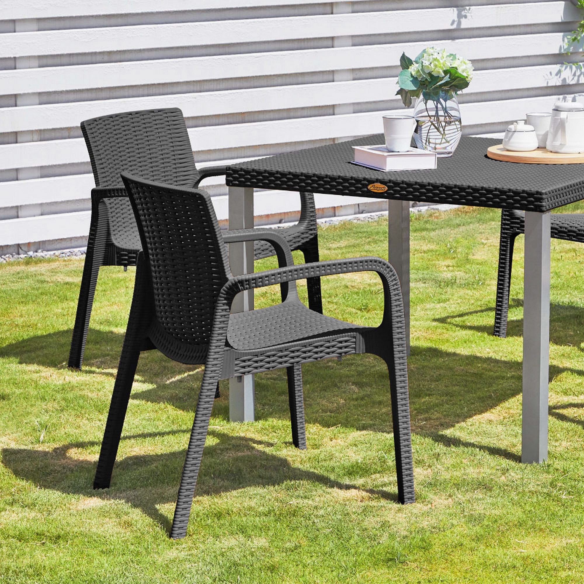Set of Four 24" Black Faux Rattan Heavy Duty Plastic Outdoor Stacking Arm Chairs-Outdoor Chairs-DECOROLALA