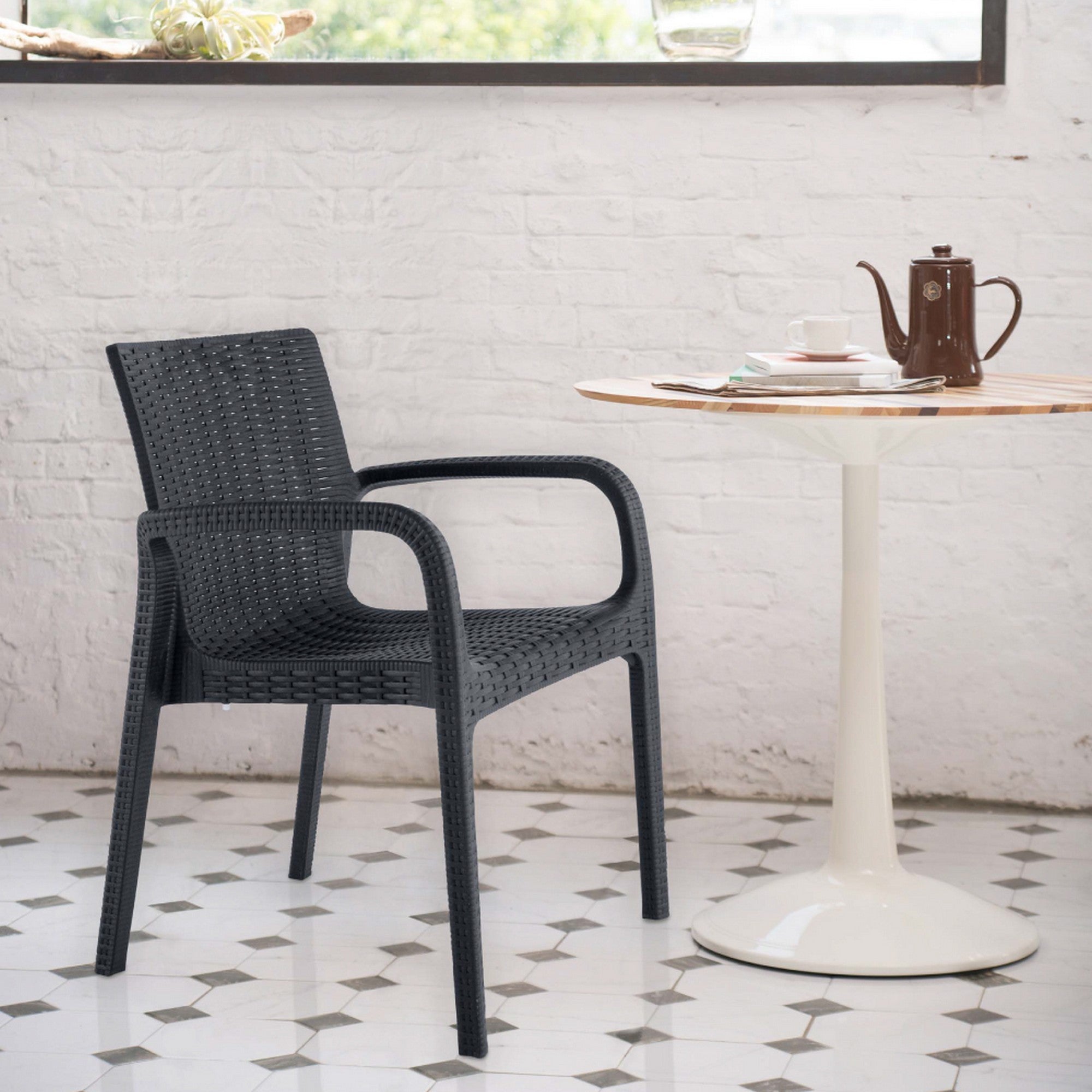 Set of Four 24" Black Faux Rattan Heavy Duty Plastic Outdoor Stacking Arm Chairs-Outdoor Chairs-DECOROLALA