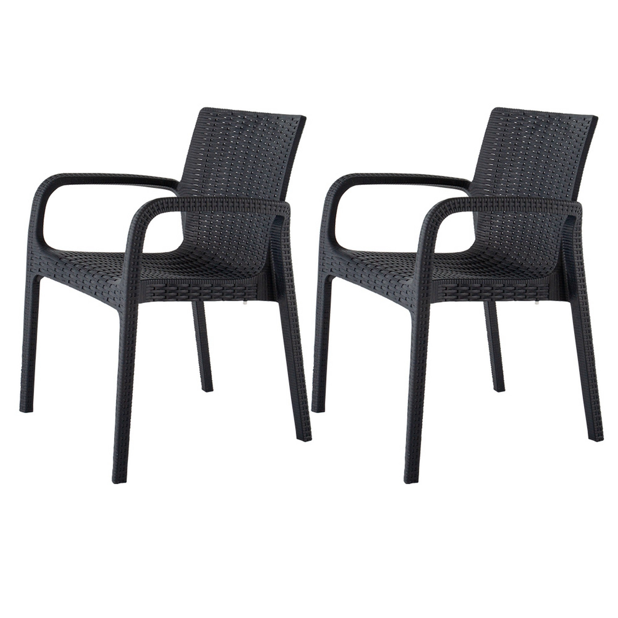 Set of Four 24" Black Faux Rattan Heavy Duty Plastic Outdoor Stacking Arm Chairs-Outdoor Chairs-DECOROLALA