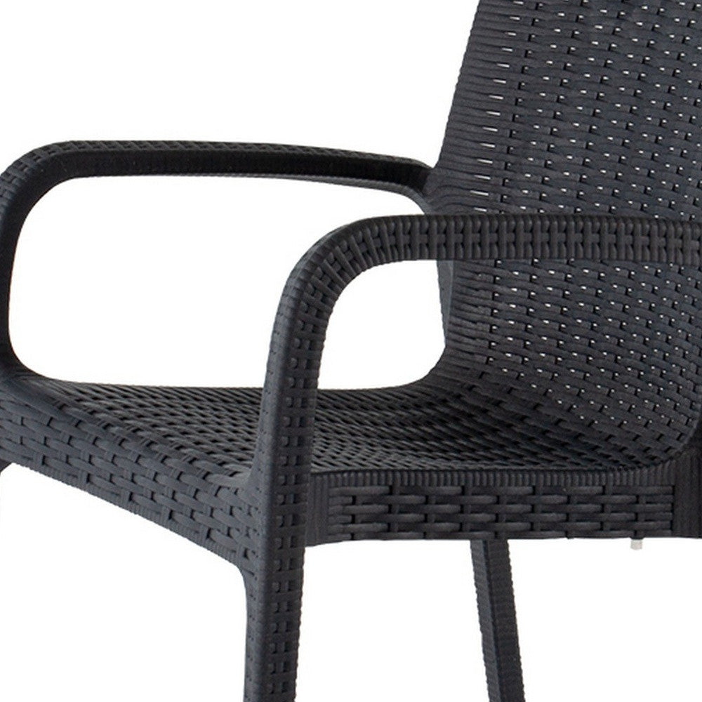 Set of Four 24" Black Faux Rattan Heavy Duty Plastic Outdoor Stacking Arm Chairs-Outdoor Chairs-DECOROLALA
