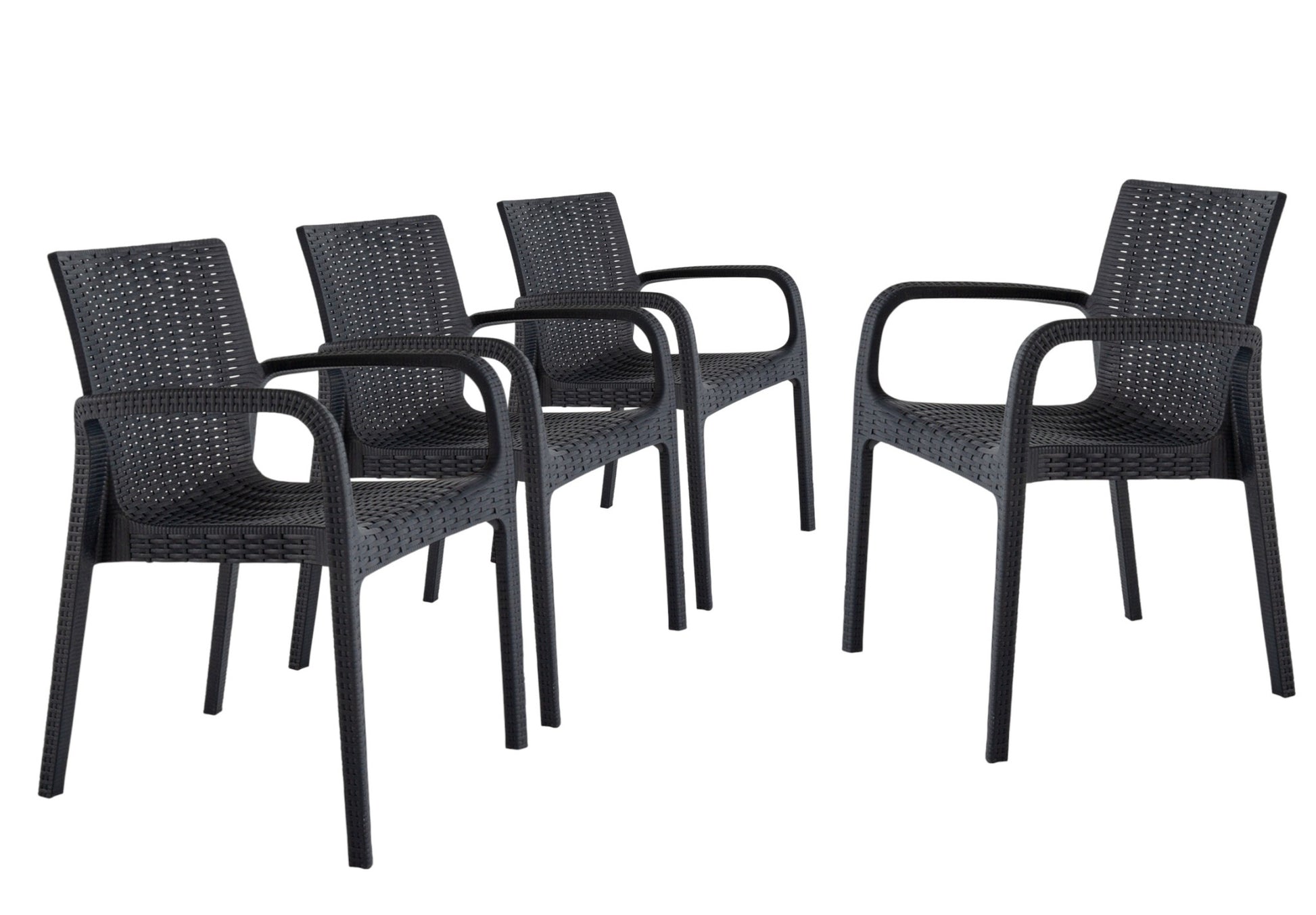 Set of Four 24" Black Faux Rattan Heavy Duty Plastic Outdoor Stacking Arm Chairs-Outdoor Chairs-DECOROLALA