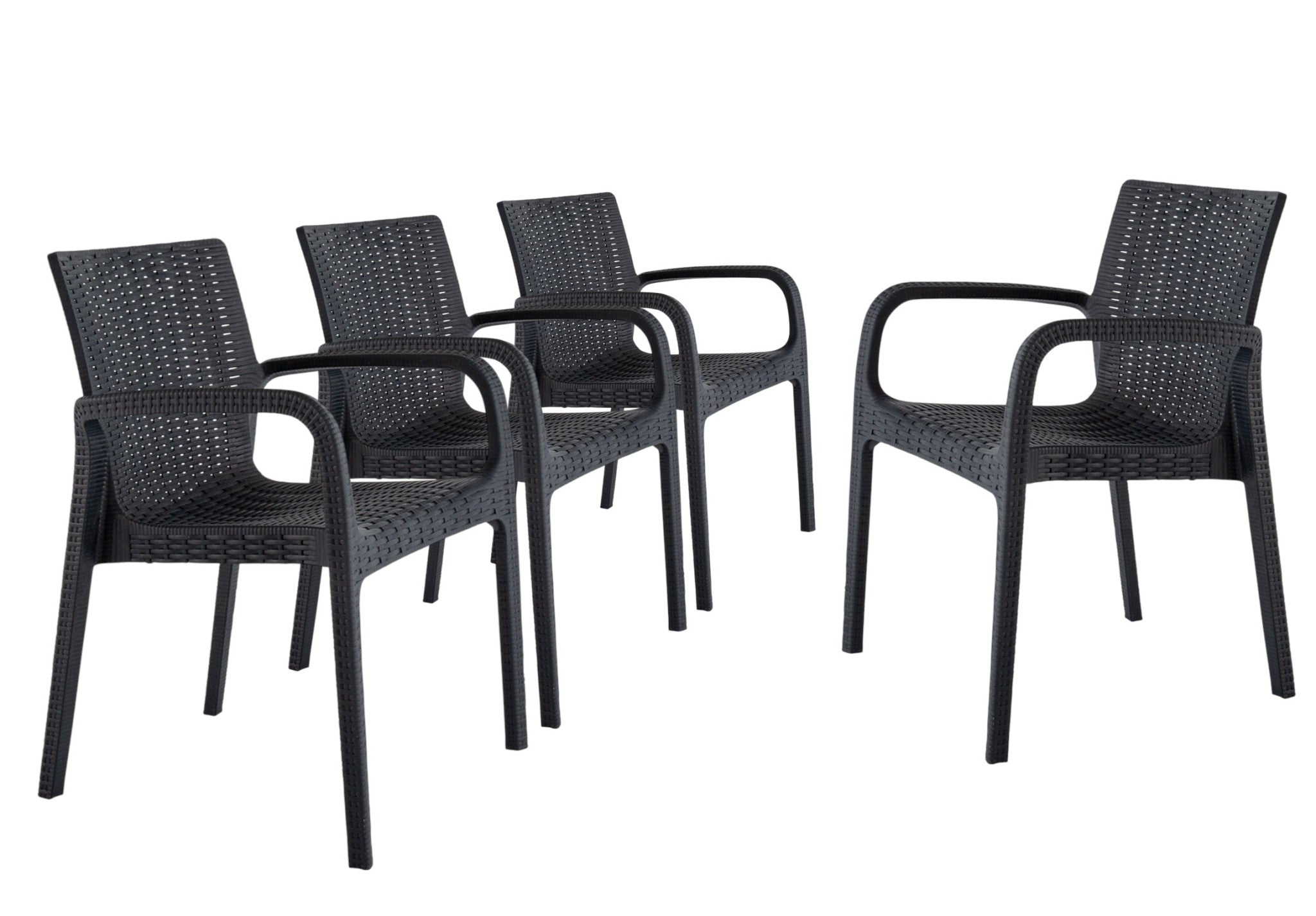 Set of Four 24" Black Faux Rattan Heavy Duty Plastic Outdoor Stacking Arm Chairs-Outdoor Chairs-DECOROLALA