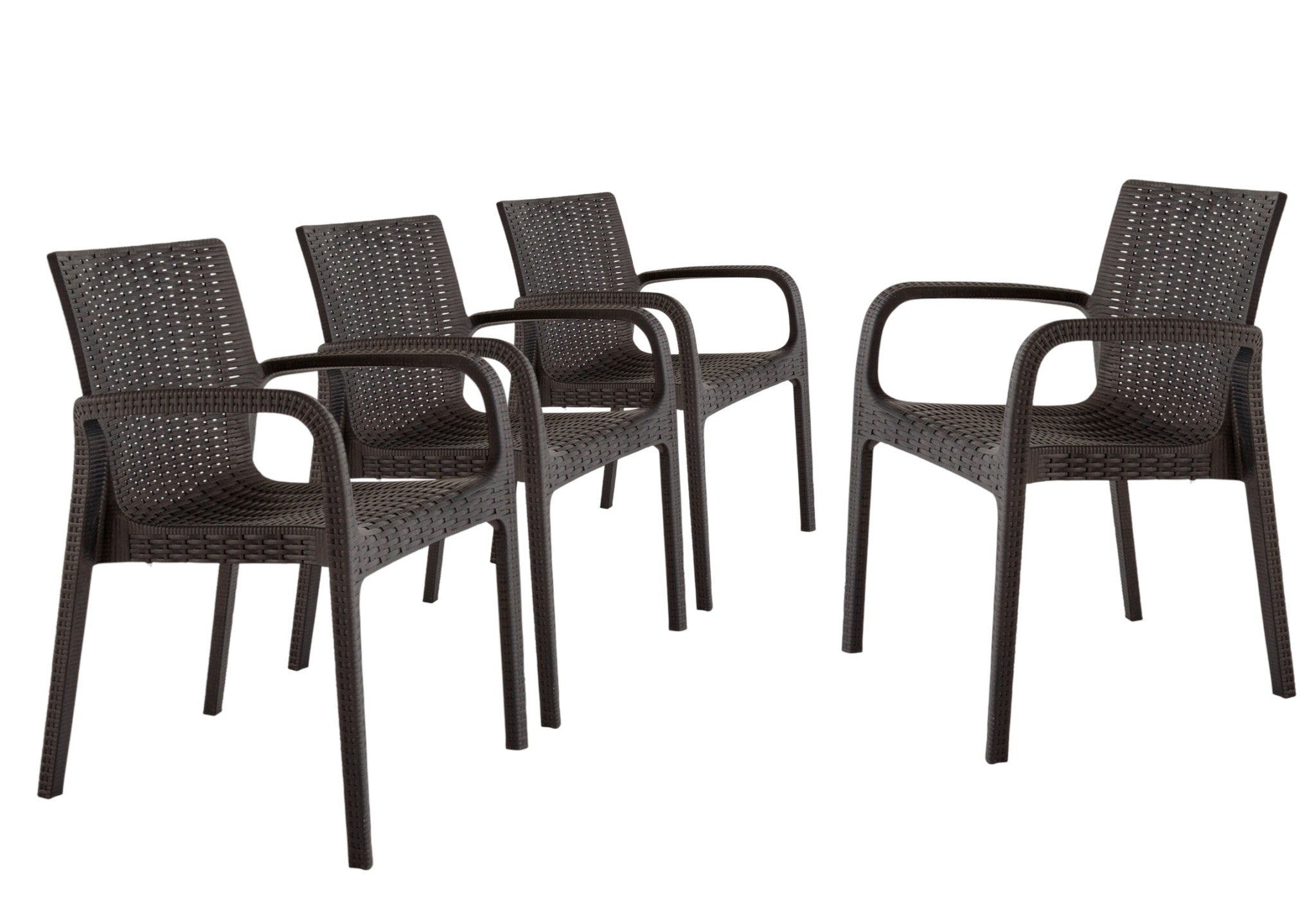 Set of Four 24" Brown Faux Rattan Heavy Duty Plastic Outdoor Stacking Arm Chairs-Outdoor Chairs-DECOROLALA