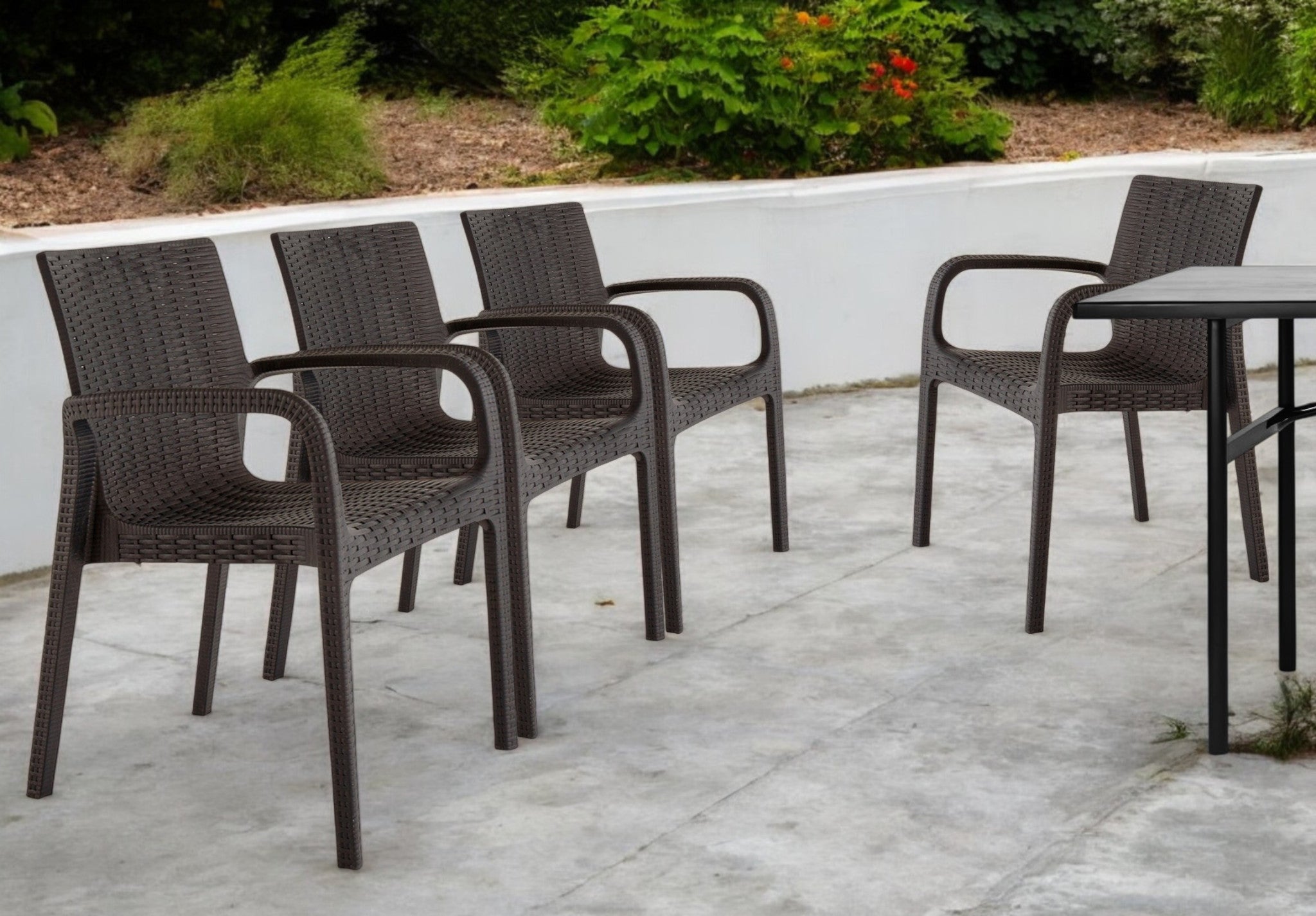 Set of Four 24" Brown Faux Rattan Heavy Duty Plastic Outdoor Stacking Arm Chairs-Outdoor Chairs-DECOROLALA