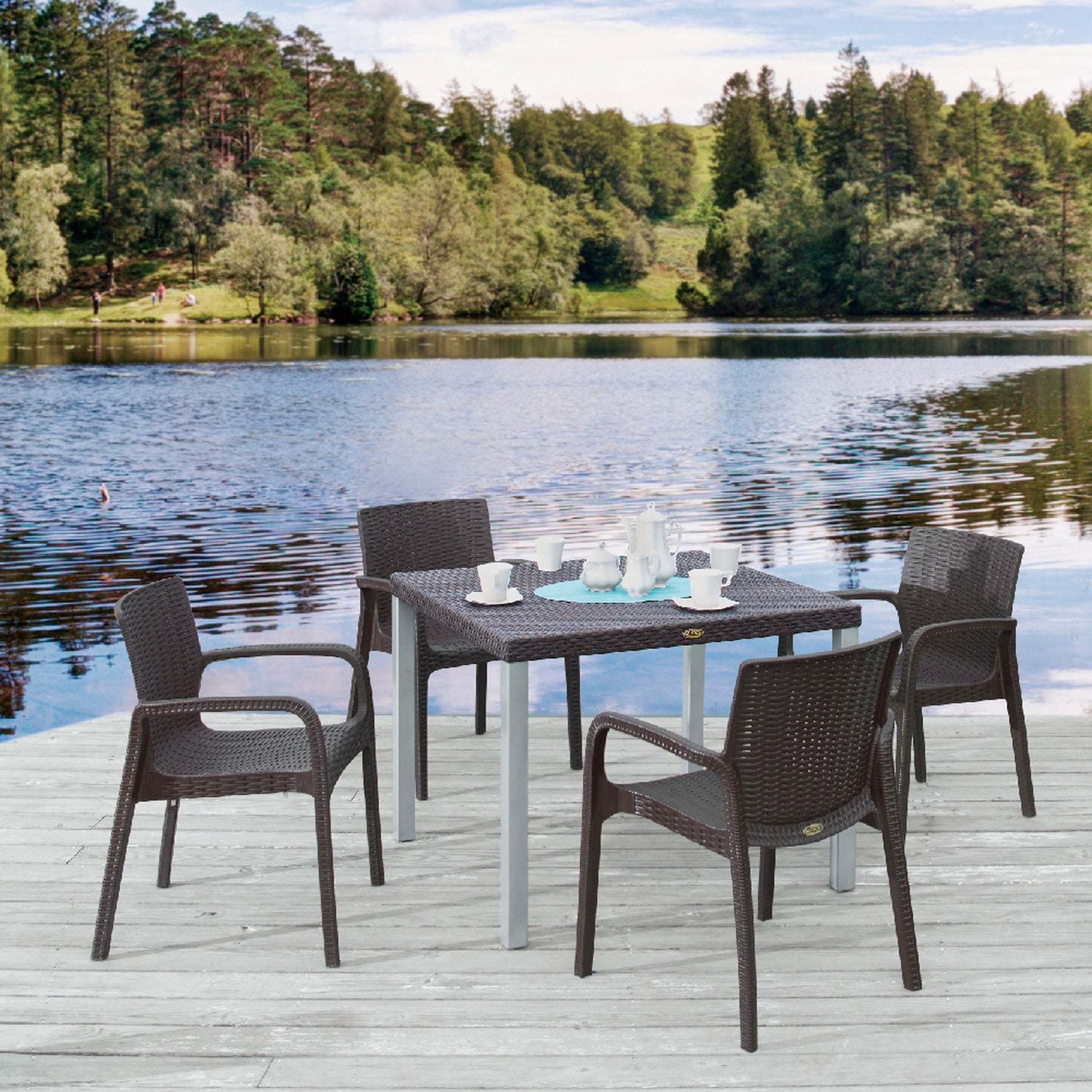 Set of Four 24" Brown Faux Rattan Heavy Duty Plastic Outdoor Stacking Arm Chairs-Outdoor Chairs-DECOROLALA