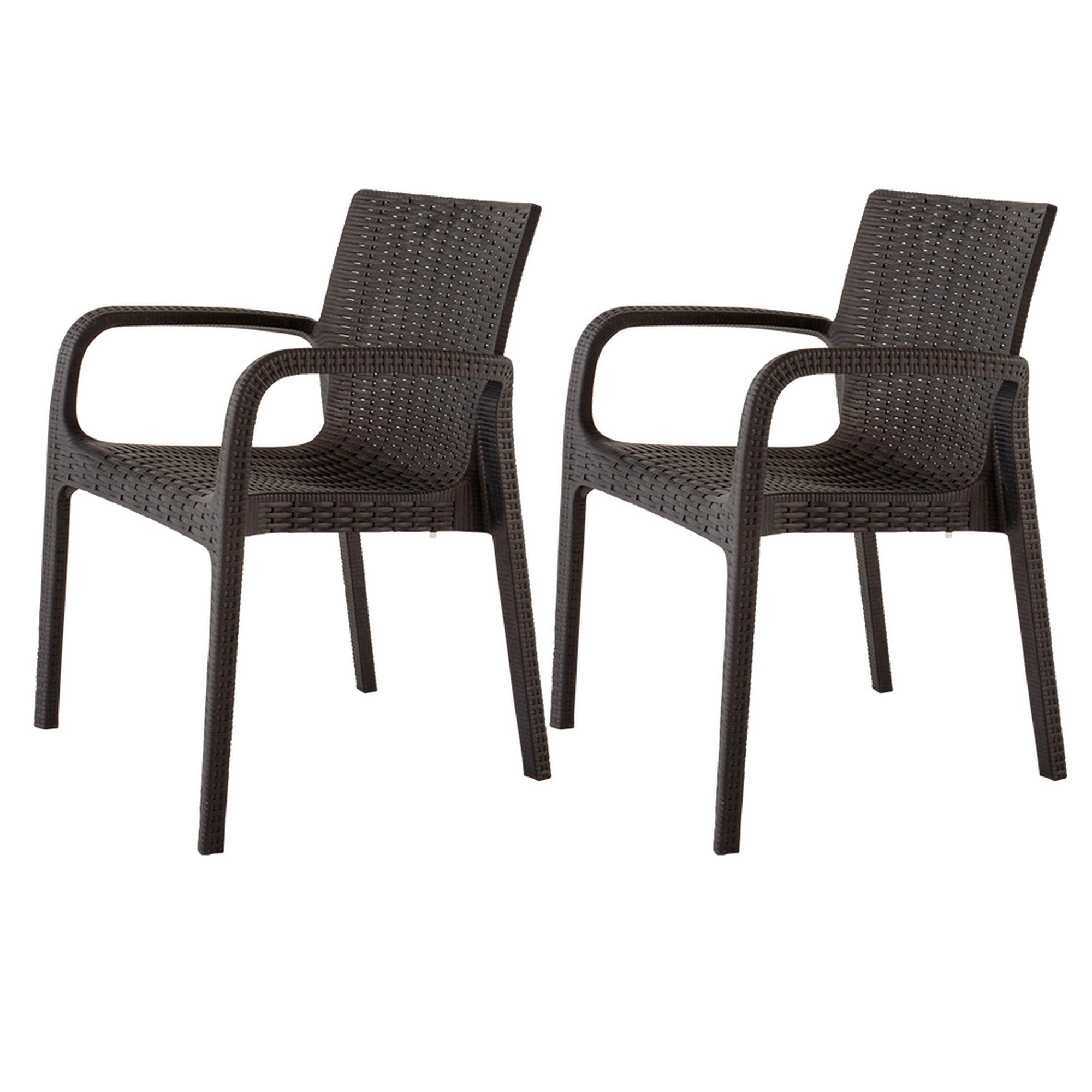 Set of Four 24" Brown Faux Rattan Heavy Duty Plastic Outdoor Stacking Arm Chairs-Outdoor Chairs-DECOROLALA