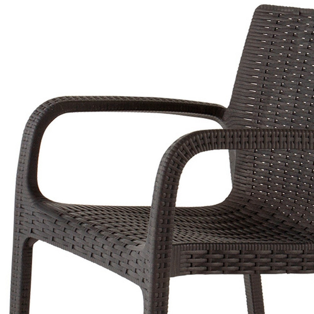 Set of Four 24" Brown Faux Rattan Heavy Duty Plastic Outdoor Stacking Arm Chairs-Outdoor Chairs-DECOROLALA