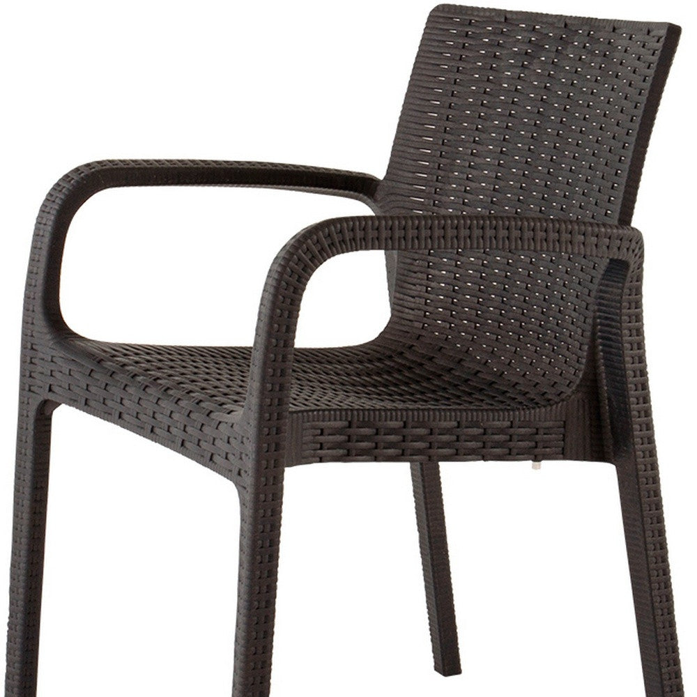 Set of Four 24" Brown Faux Rattan Heavy Duty Plastic Outdoor Stacking Arm Chairs-Outdoor Chairs-DECOROLALA