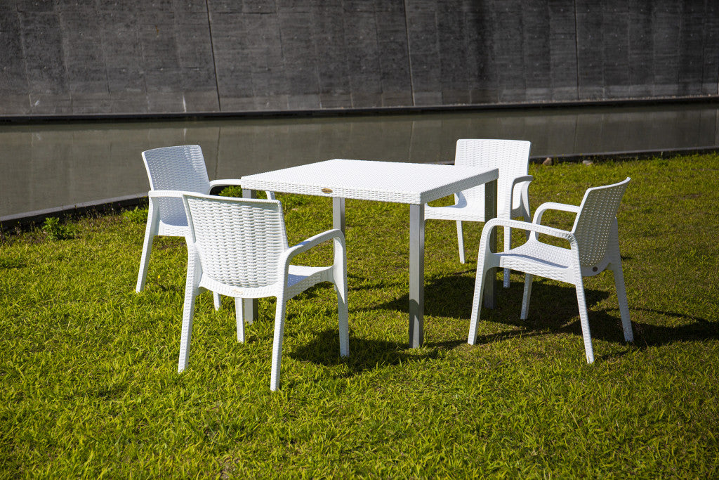 Set of Four 24" White Faux Rattan Heavy Duty Plastic Outdoor Stacking Arm Chairs-Outdoor Chairs-DECOROLALA
