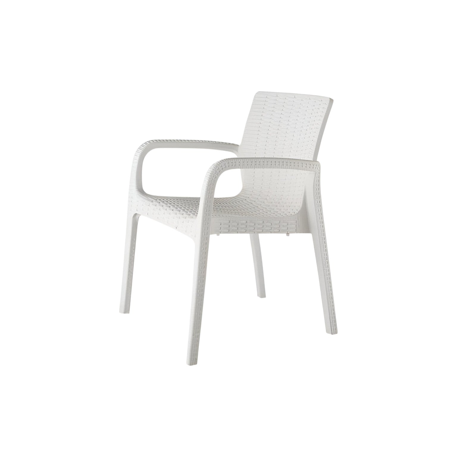 Set of Four 24" White Faux Rattan Heavy Duty Plastic Outdoor Stacking Arm Chairs-Outdoor Chairs-DECOROLALA