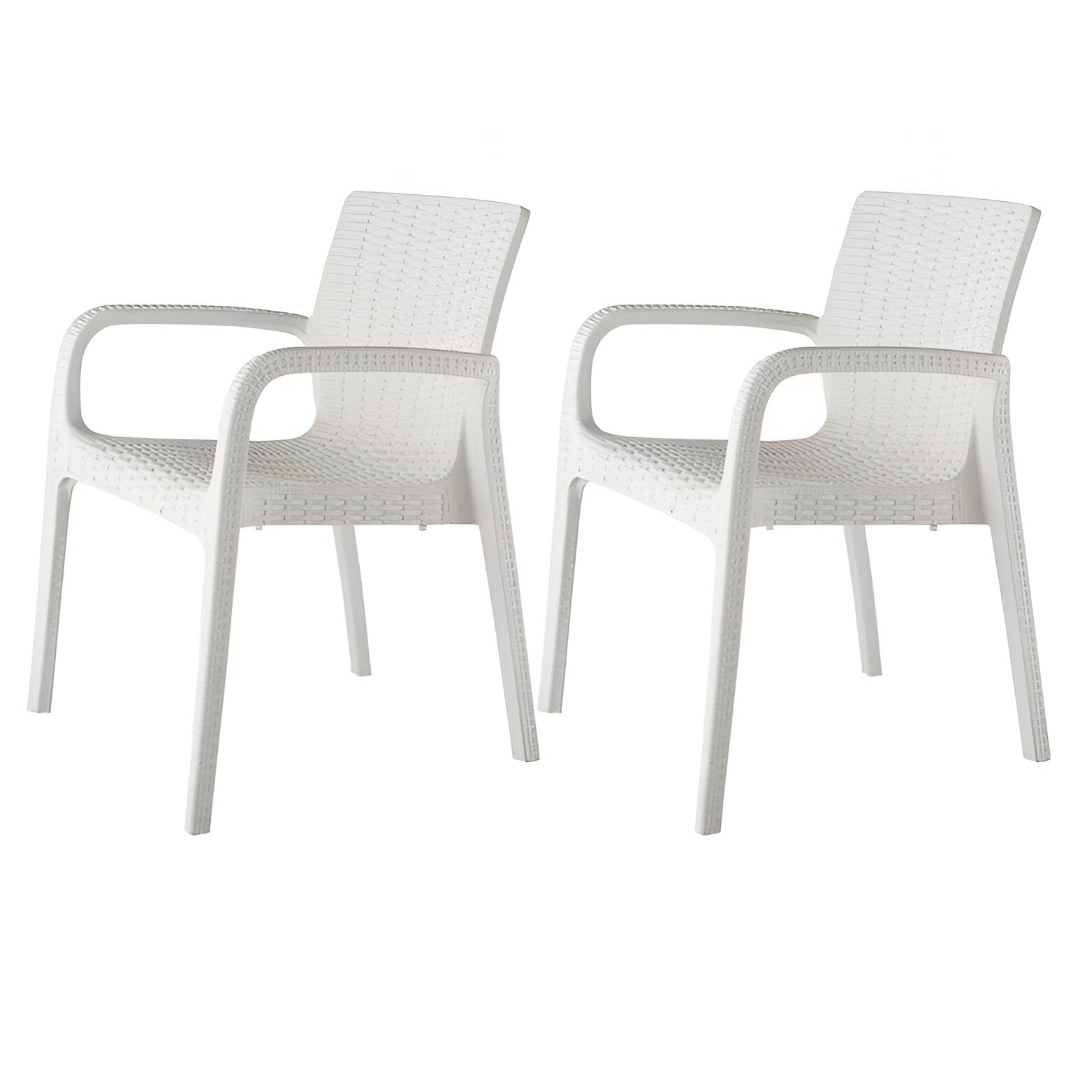 Set of Four 24" White Faux Rattan Heavy Duty Plastic Outdoor Stacking Arm Chairs-Outdoor Chairs-DECOROLALA