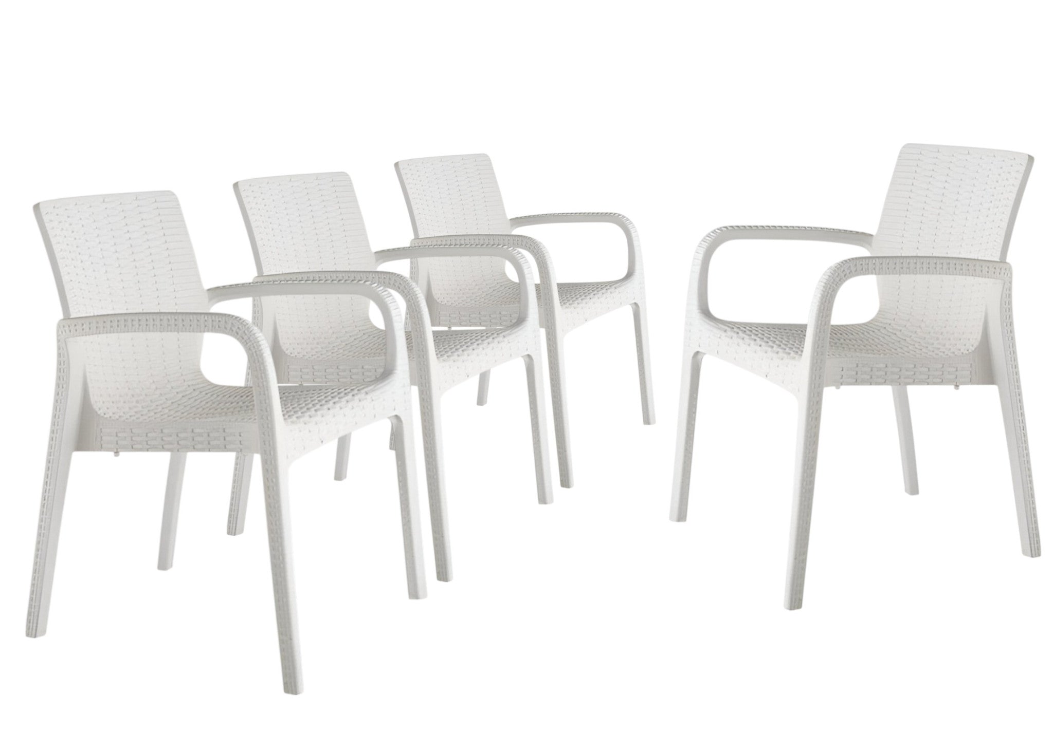 Set of Four 24" White Faux Rattan Heavy Duty Plastic Outdoor Stacking Arm Chairs-Outdoor Chairs-DECOROLALA