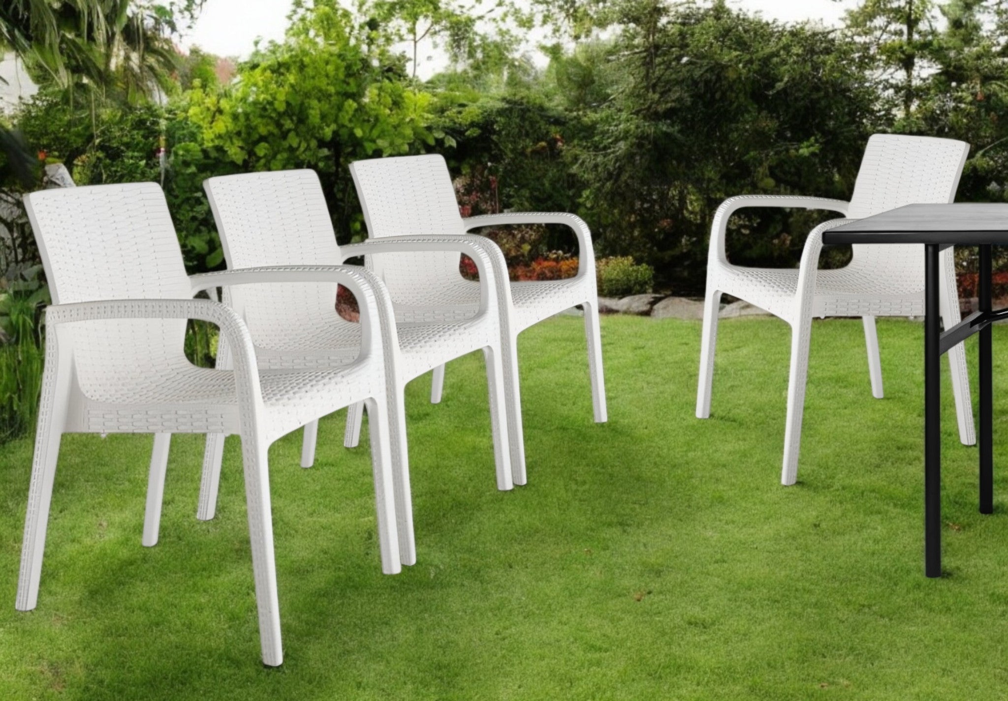 Set of Four 24" White Faux Rattan Heavy Duty Plastic Outdoor Stacking Arm Chairs-Outdoor Chairs-DECOROLALA