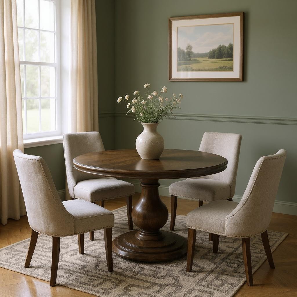 60" Brown Solid Wood Pedestal Base Round Top Dining Table-Dining Tables-DECOROLALA