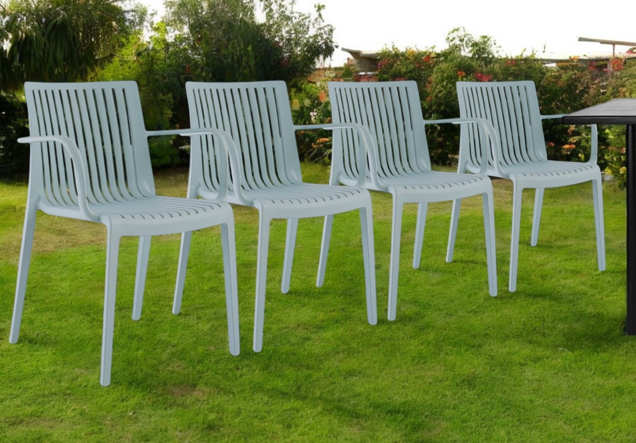 Set of Four 22" Baby Blue Heavy Duty Plastic Outdoor Stacking Arm Chairs-Outdoor Chairs-DECOROLALA