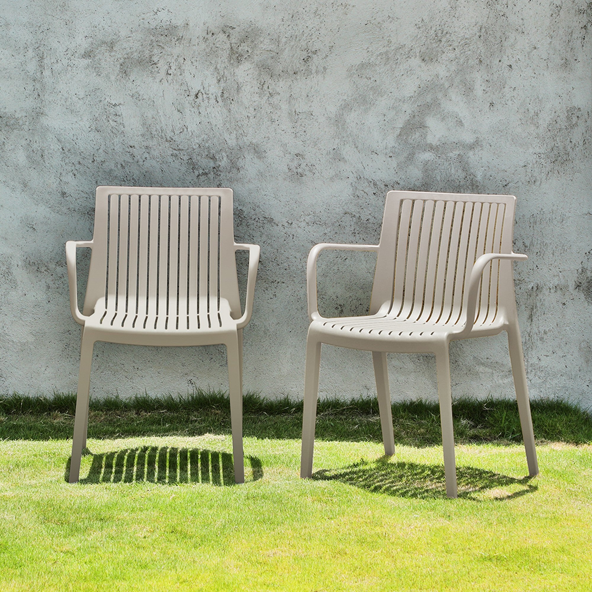 Set of Four 22" Taupe Heavy Duty Plastic Outdoor Stacking Arm Chairs-Outdoor Chairs-DECOROLALA