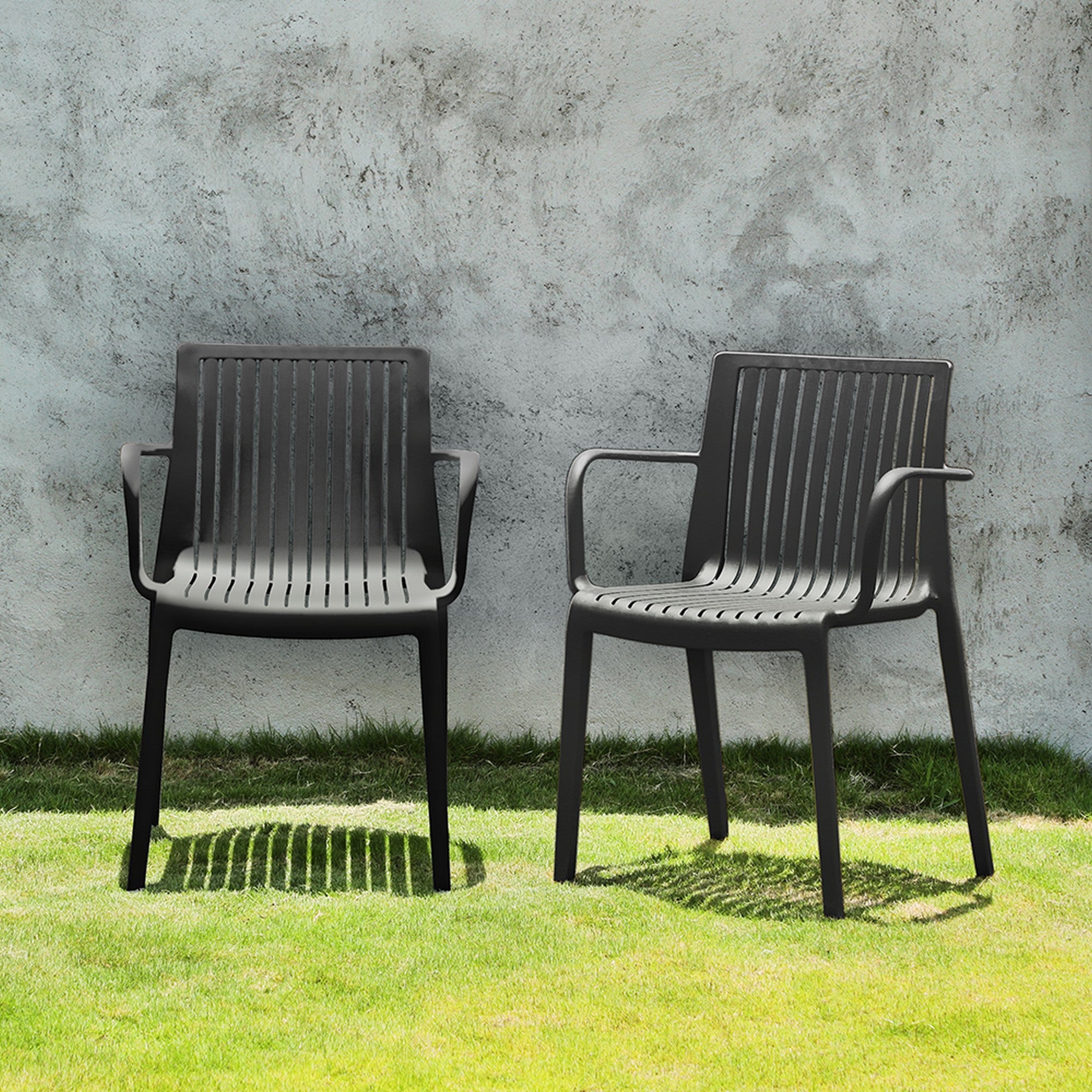 Set of Four 22" Black Heavy Duty Plastic Outdoor Stacking Arm Chairs-Outdoor Chairs-DECOROLALA