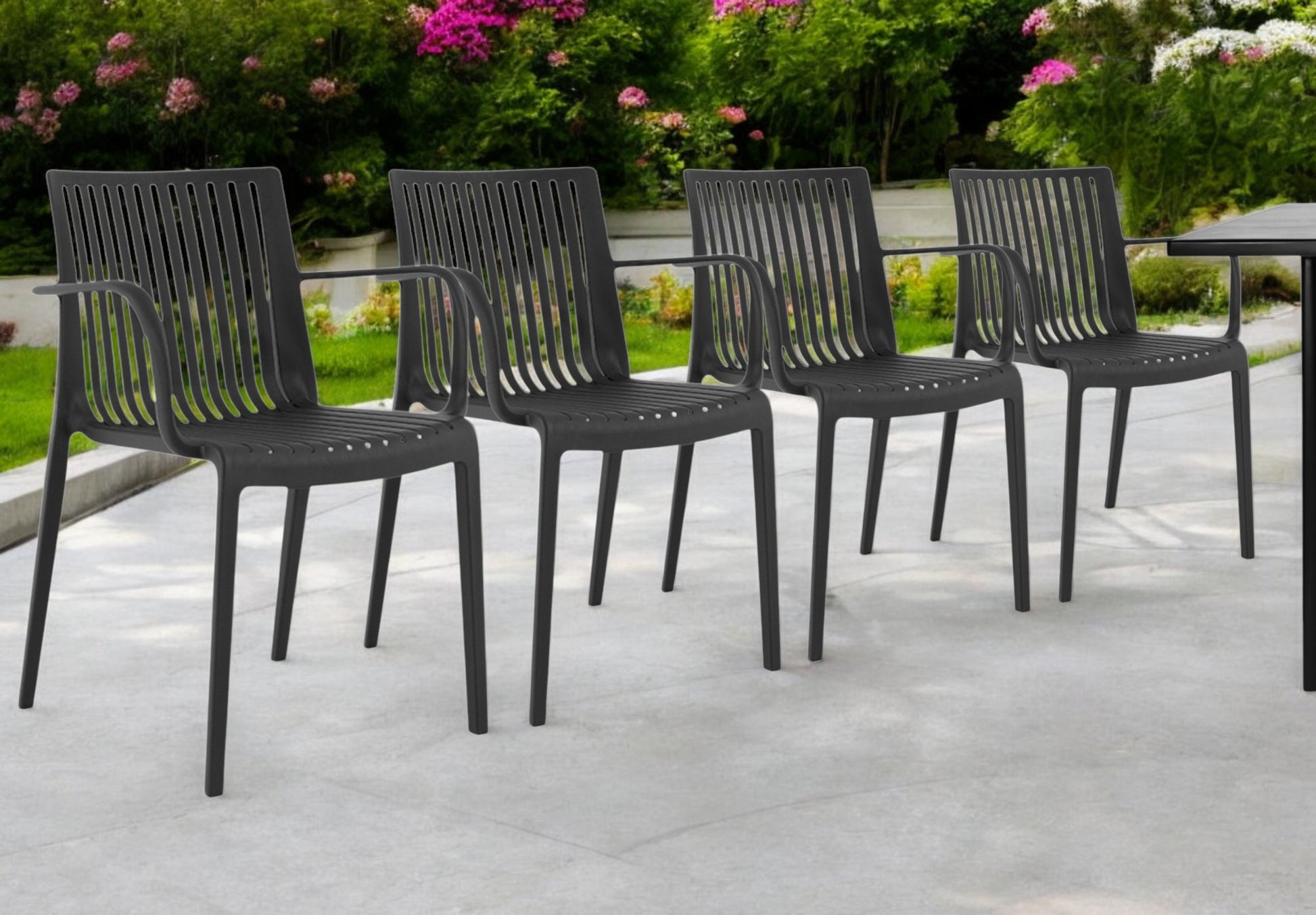 Set of Four 22" Black Heavy Duty Plastic Outdoor Stacking Arm Chairs-Outdoor Chairs-DECOROLALA
