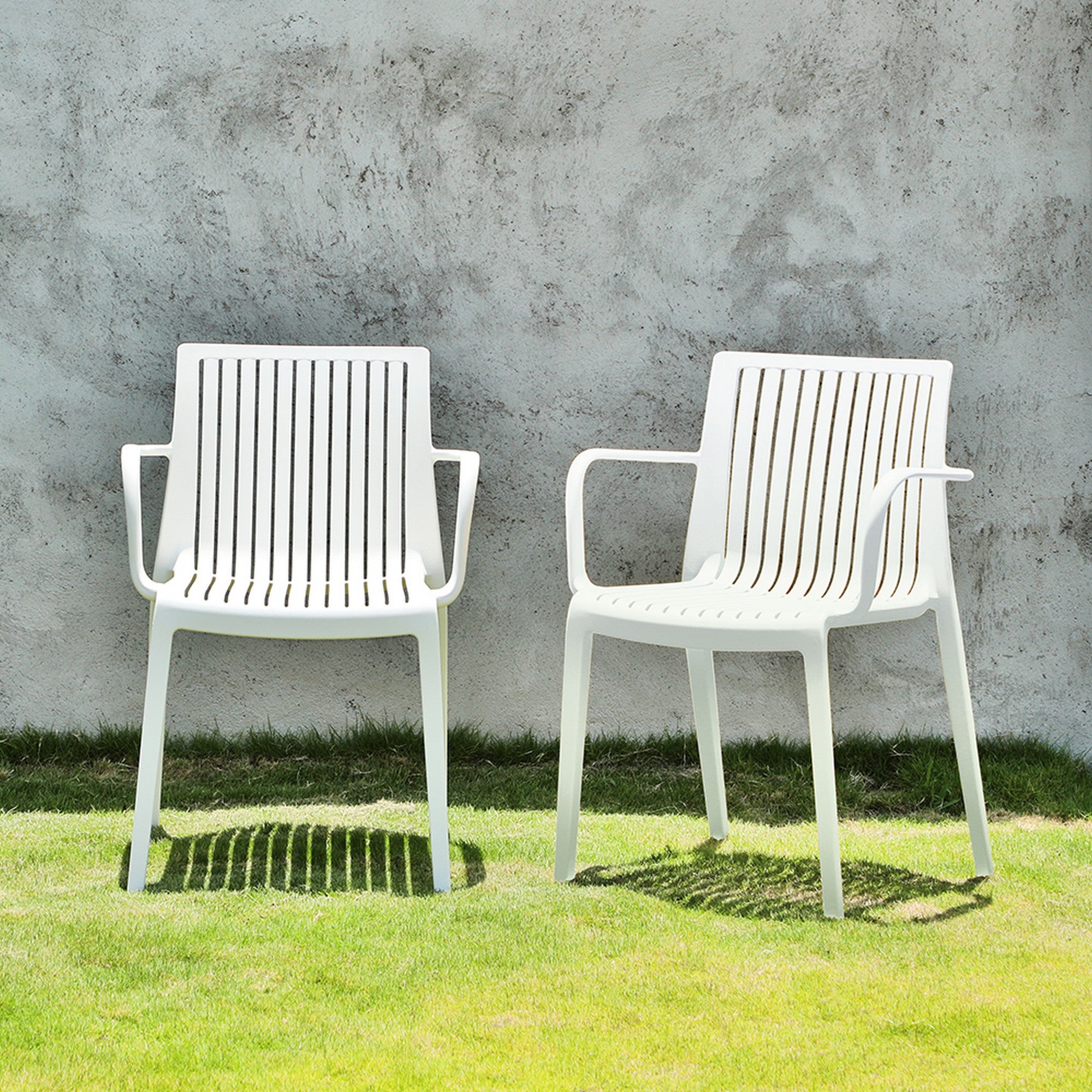 Set of Four 22" White Heavy Duty Plastic Outdoor Stacking Arm Chairs-Outdoor Chairs-DECOROLALA