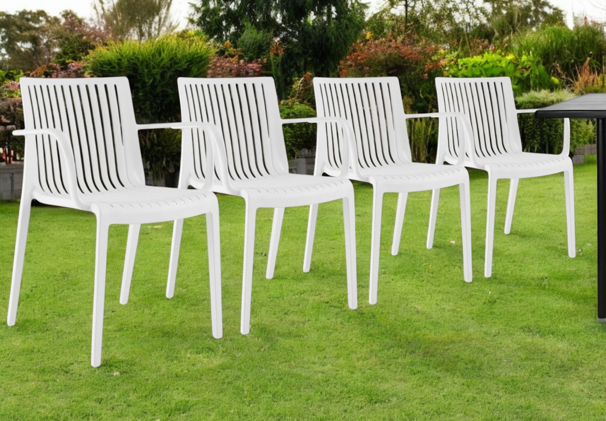 Set of Four 22" White Heavy Duty Plastic Outdoor Stacking Arm Chairs-Outdoor Chairs-DECOROLALA