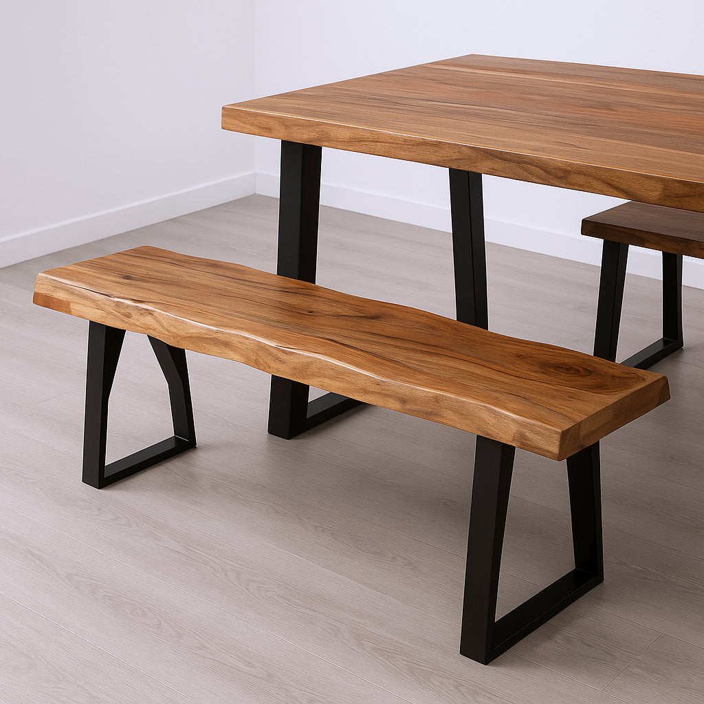 68" Brown and Black Solid Wood And Metal Live Edge Dining Bench-Benches-DECOROLALA