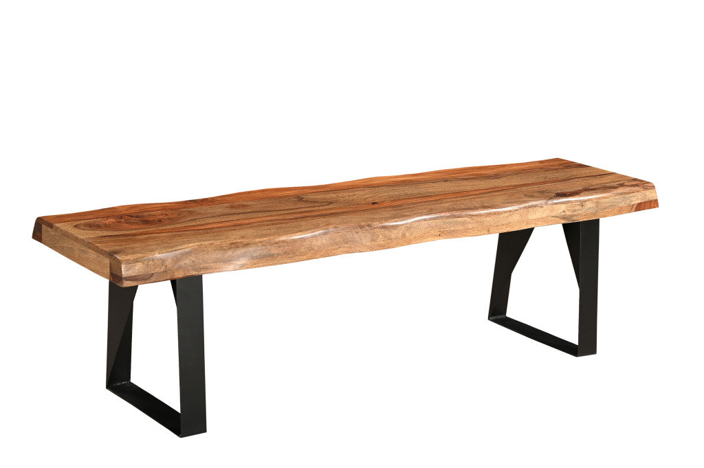 68" Brown and Black Solid Wood And Metal Live Edge Dining Bench-Benches-DECOROLALA