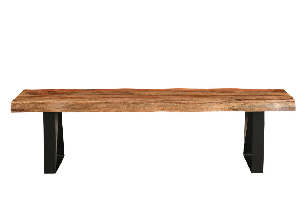 68" Brown and Black Solid Wood And Metal Live Edge Dining Bench-Benches-DECOROLALA