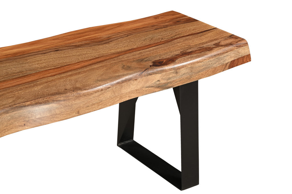 68" Brown and Black Solid Wood And Metal Live Edge Dining Bench-Benches-DECOROLALA