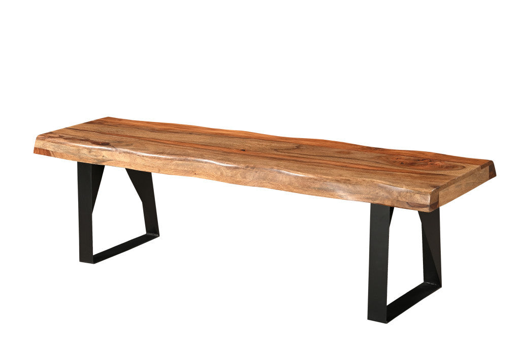 68" Brown and Black Solid Wood And Metal Live Edge Dining Bench-Benches-DECOROLALA