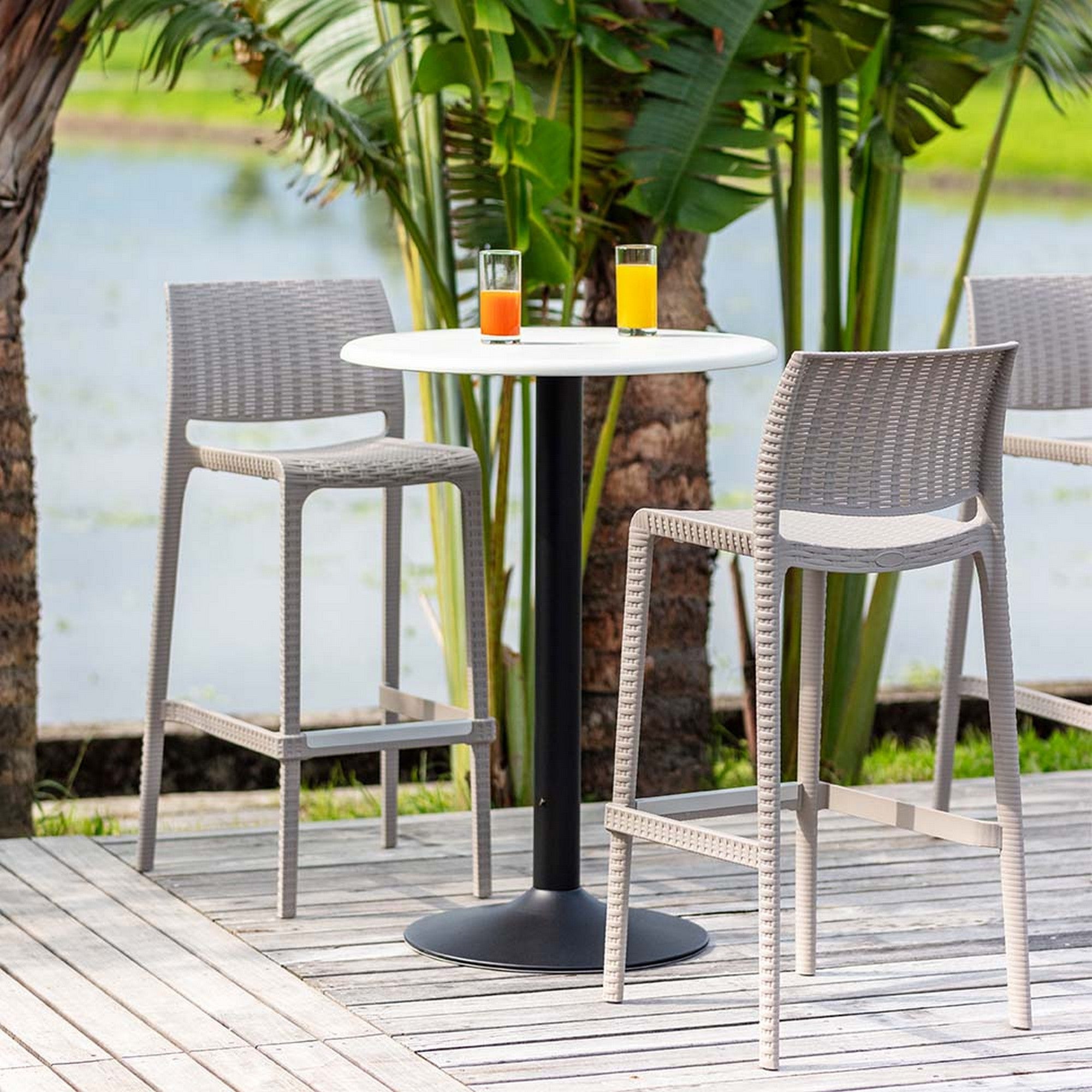 Set of Four 30" Taupe Faux Rattan Heavy Duty Plastic Outdoor Bar Height Chairs-Outdoor Bar Chairs-DECOROLALA