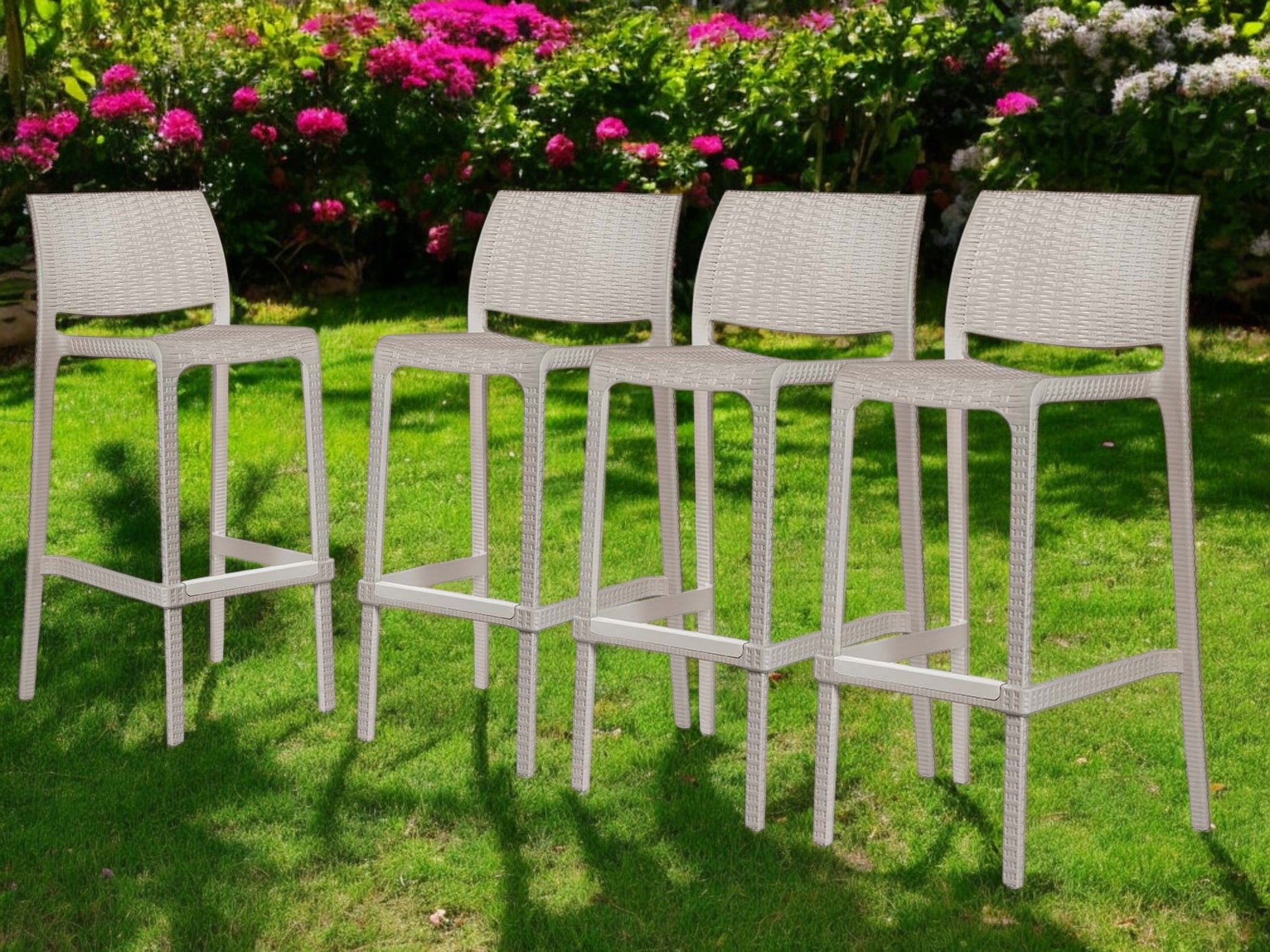Set of Four 30" Taupe Faux Rattan Heavy Duty Plastic Outdoor Bar Height Chairs-Outdoor Bar Chairs-DECOROLALA