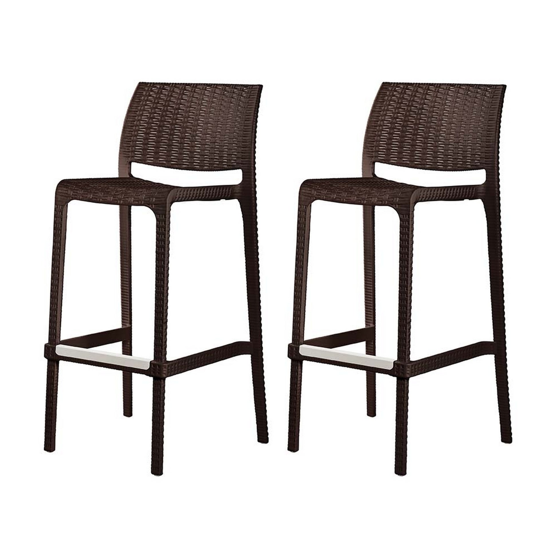 Set of Four 30" Brown Faux Rattan Heavy Duty Plastic Low Back Outdoor Bar Height Chairs-Outdoor Bar Chairs-DECOROLALA