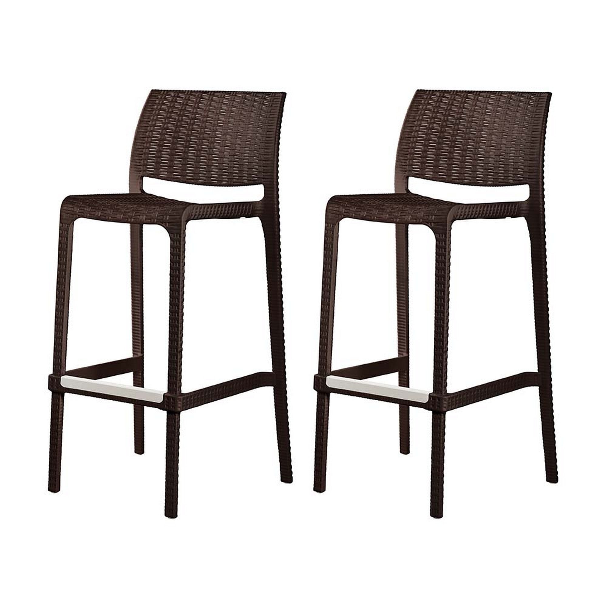 Set of Four 30" Brown Faux Rattan Heavy Duty Plastic Low Back Outdoor Bar Height Chairs-Outdoor Bar Chairs-DECOROLALA