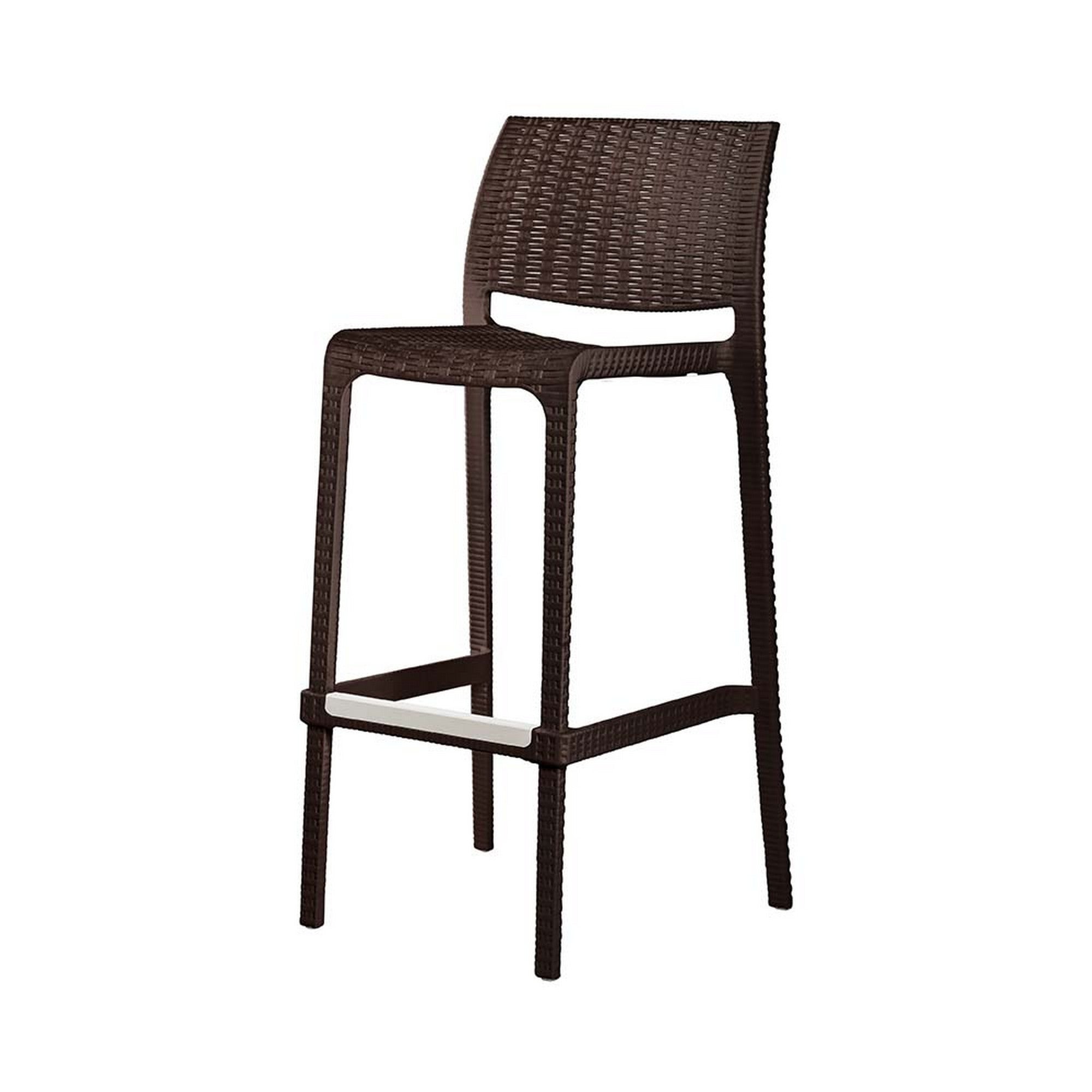 Set of Four 30" Brown Faux Rattan Heavy Duty Plastic Low Back Outdoor Bar Height Chairs-Outdoor Bar Chairs-DECOROLALA