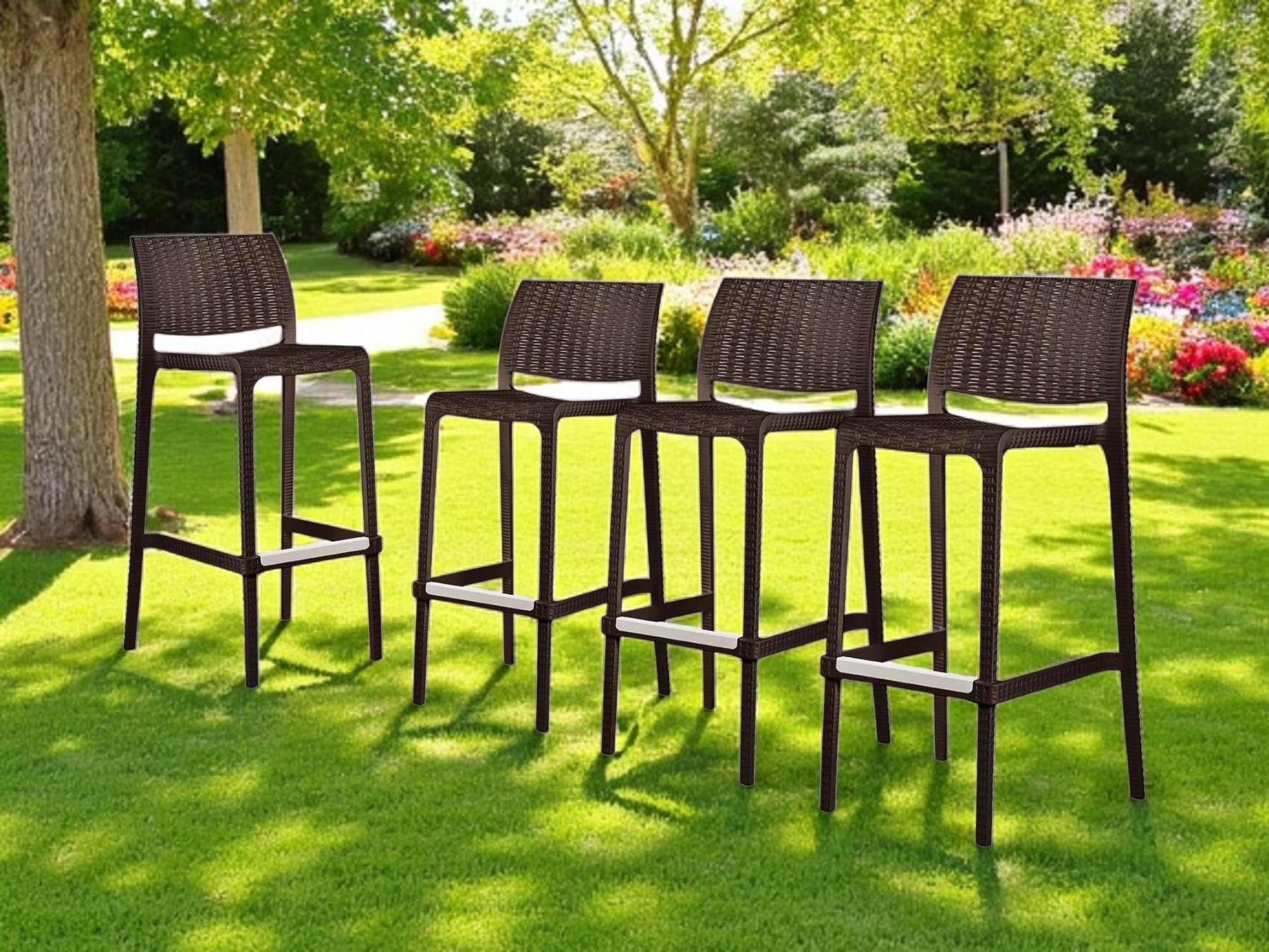 Set of Four 30" Brown Faux Rattan Heavy Duty Plastic Low Back Outdoor Bar Height Chairs-Outdoor Bar Chairs-DECOROLALA