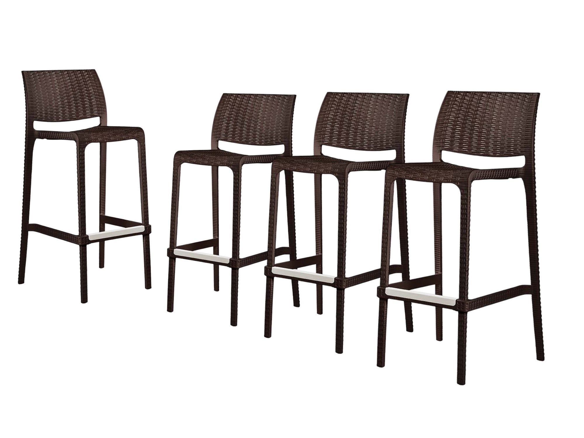 Set of Four 30" Brown Faux Rattan Heavy Duty Plastic Low Back Outdoor Bar Height Chairs-Outdoor Bar Chairs-DECOROLALA