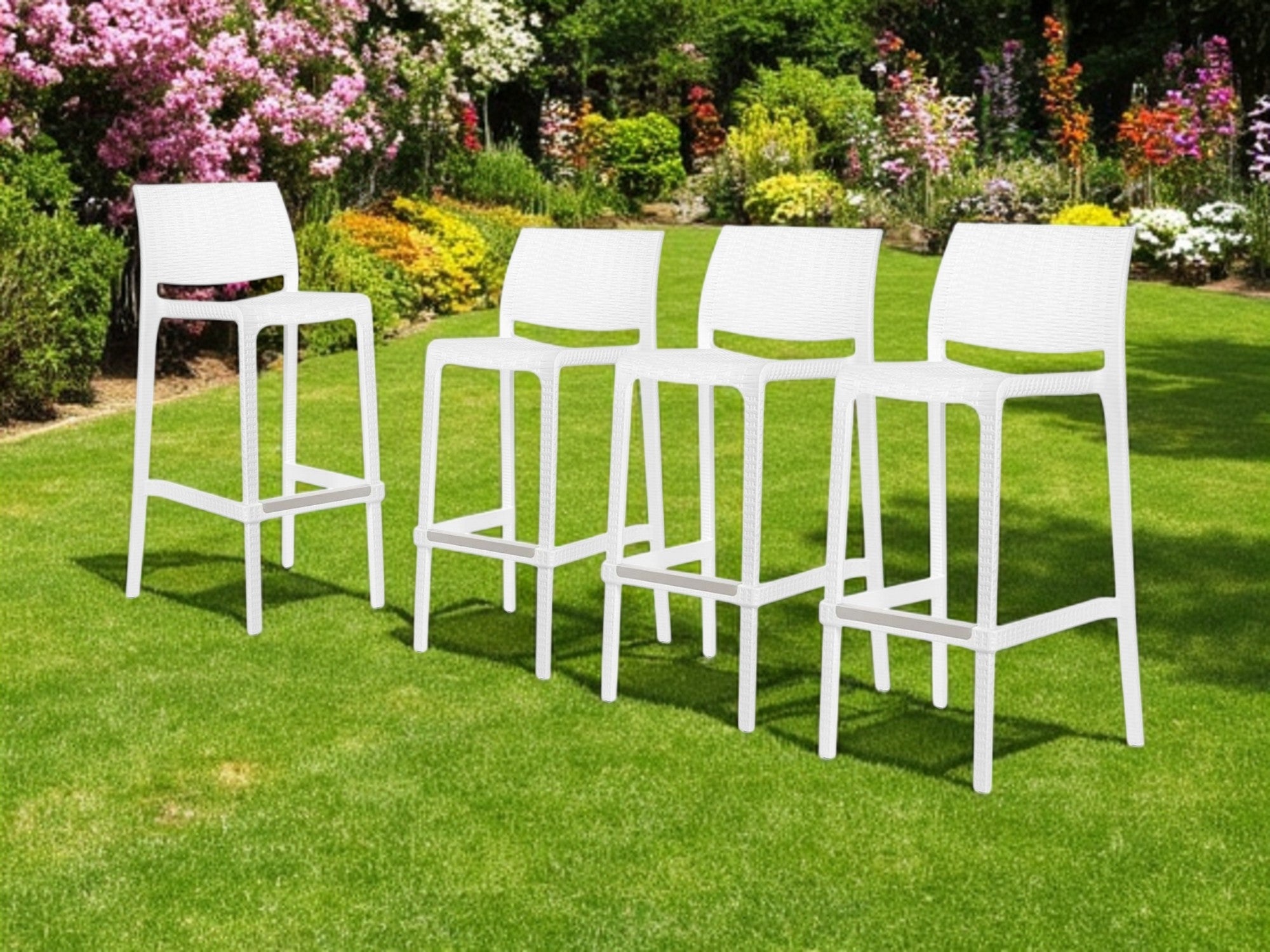 Set of Four 30" White Faux Rattan Heavy Duty Plastic Low Back Outdoor Bar Height Chairs-Outdoor Bar Chairs-DECOROLALA