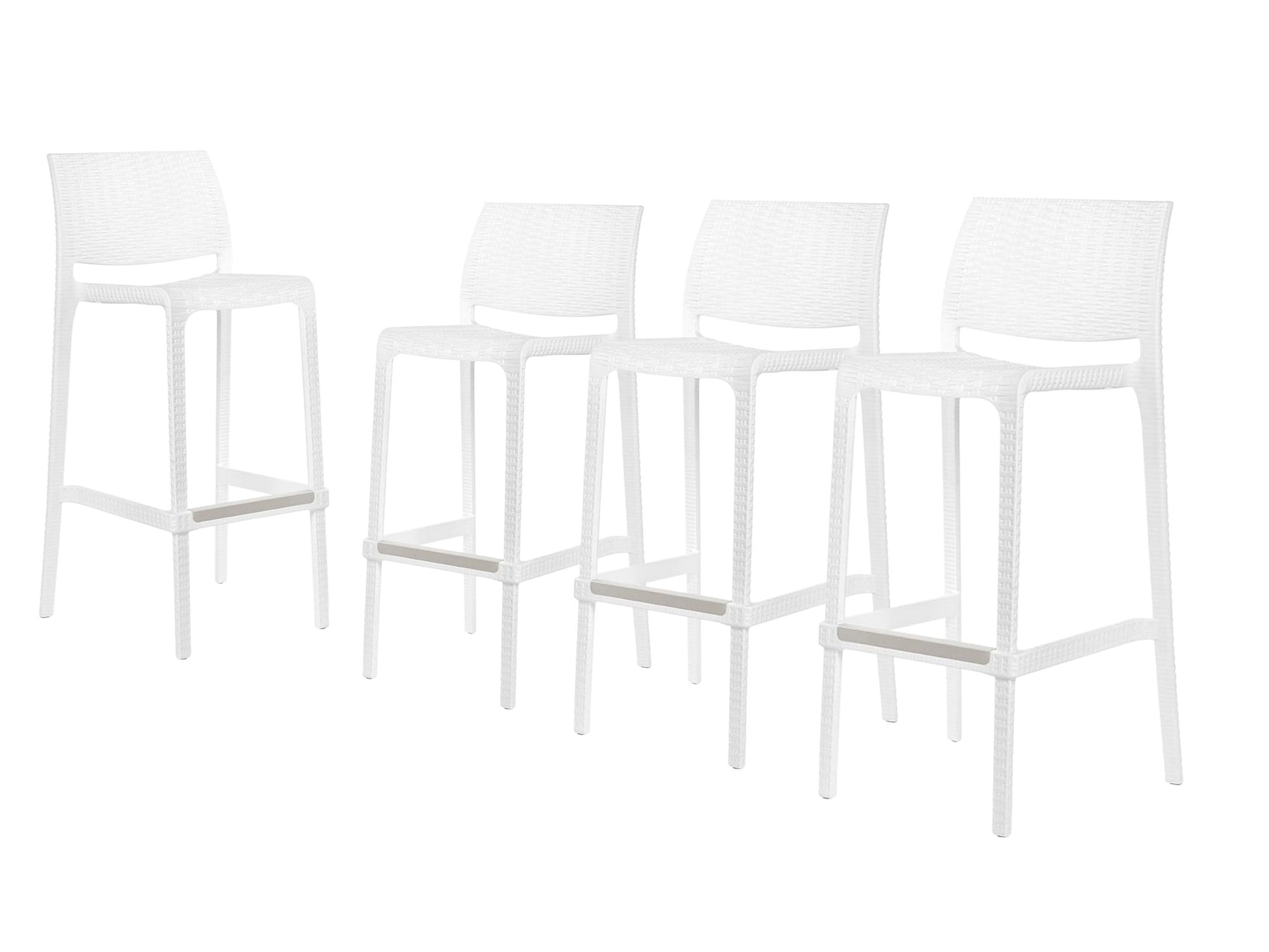 Set of Four 30" White Faux Rattan Heavy Duty Plastic Low Back Outdoor Bar Height Chairs-Outdoor Bar Chairs-DECOROLALA