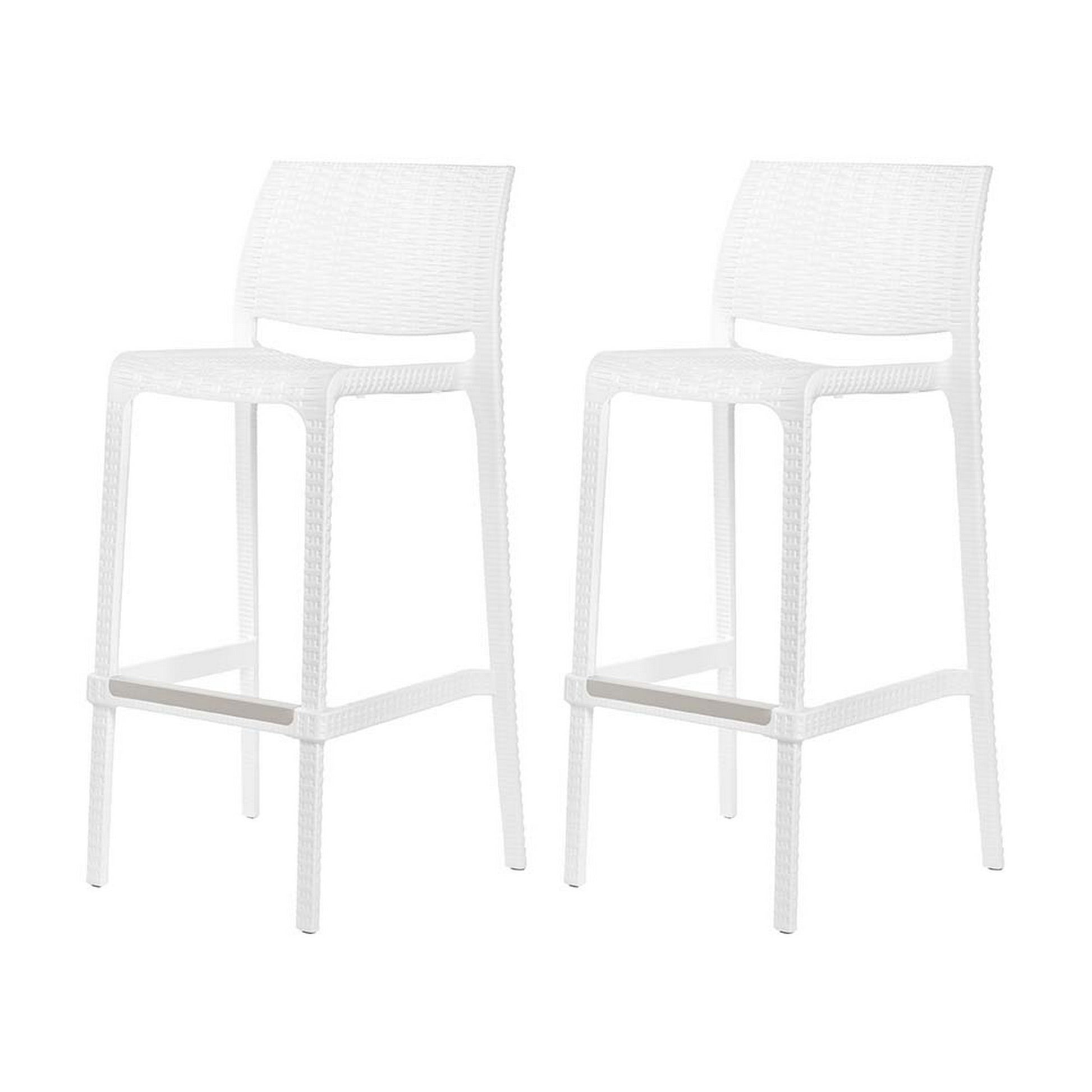 Set of Four 30" White Faux Rattan Heavy Duty Plastic Low Back Outdoor Bar Height Chairs-Outdoor Bar Chairs-DECOROLALA