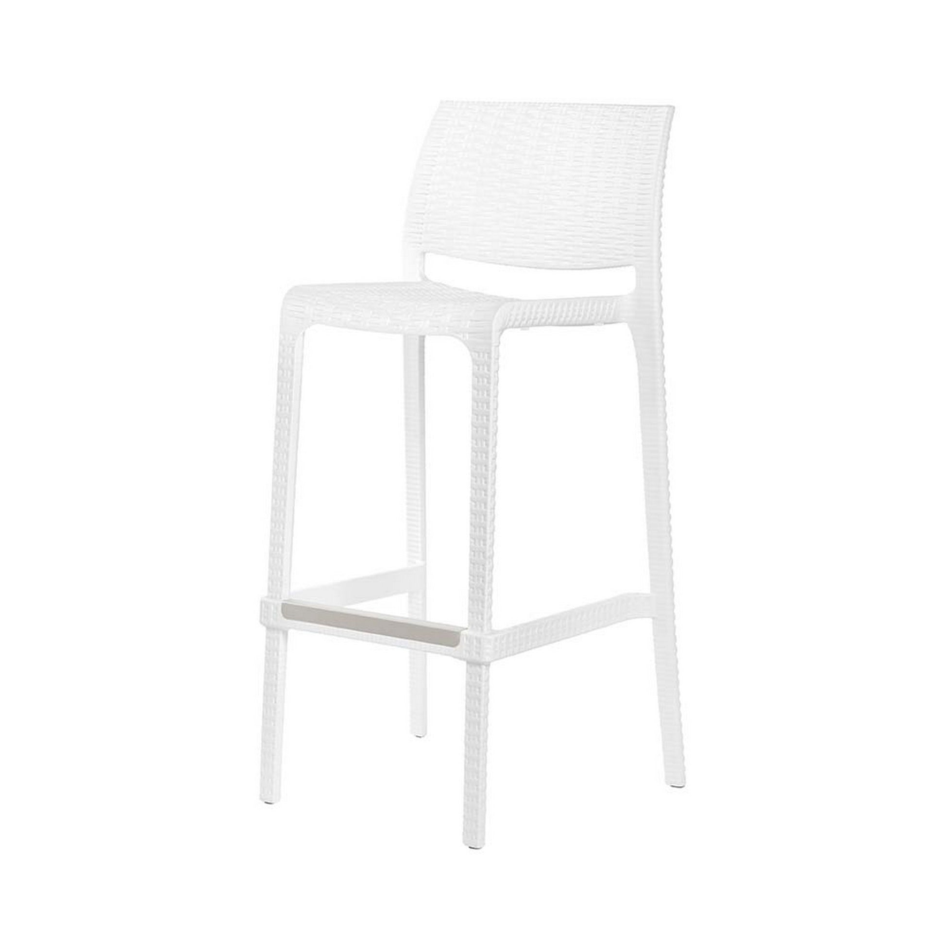 Set of Four 30" White Faux Rattan Heavy Duty Plastic Low Back Outdoor Bar Height Chairs-Outdoor Bar Chairs-DECOROLALA