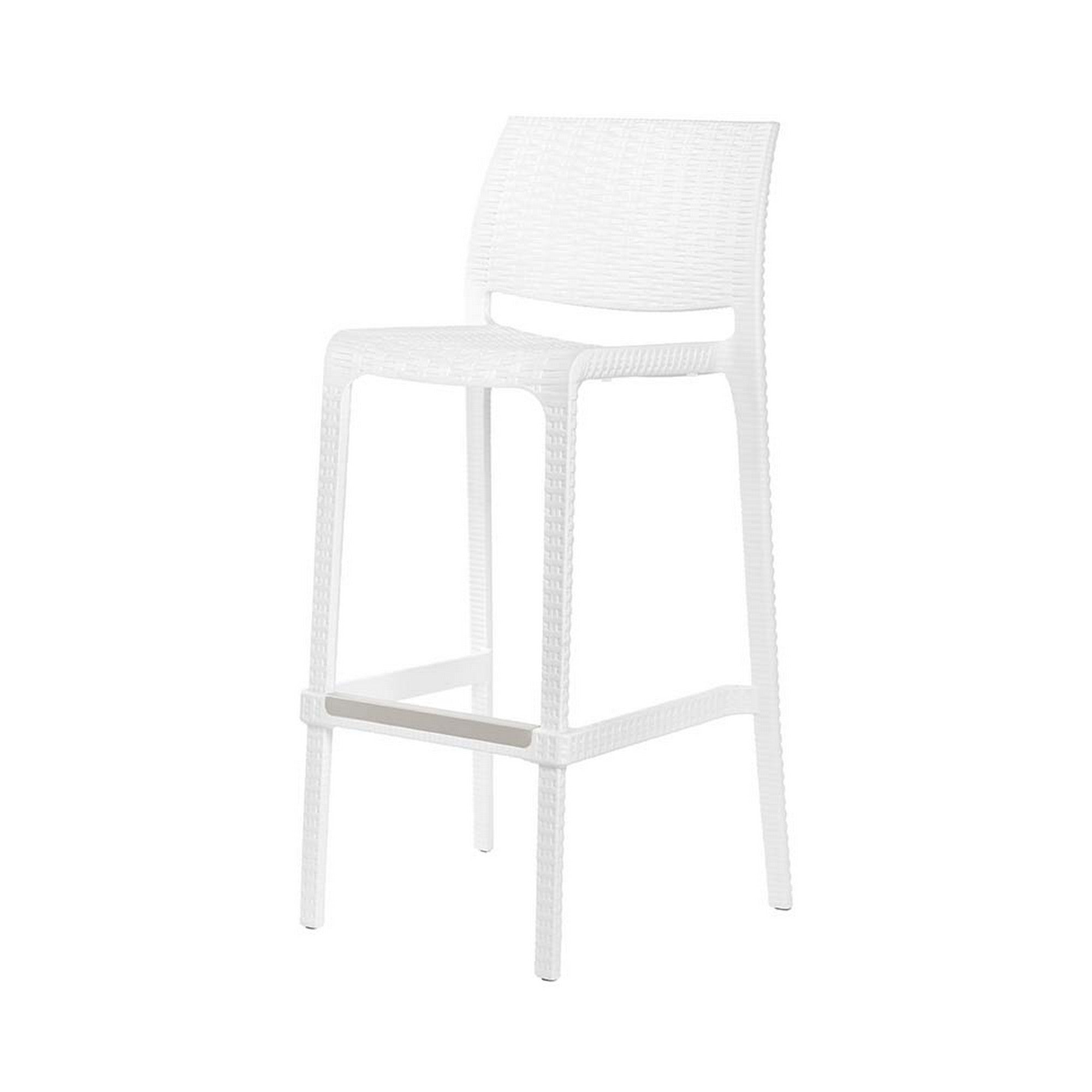 Set of Four 30" White Faux Rattan Heavy Duty Plastic Low Back Outdoor Bar Height Chairs-Outdoor Bar Chairs-DECOROLALA