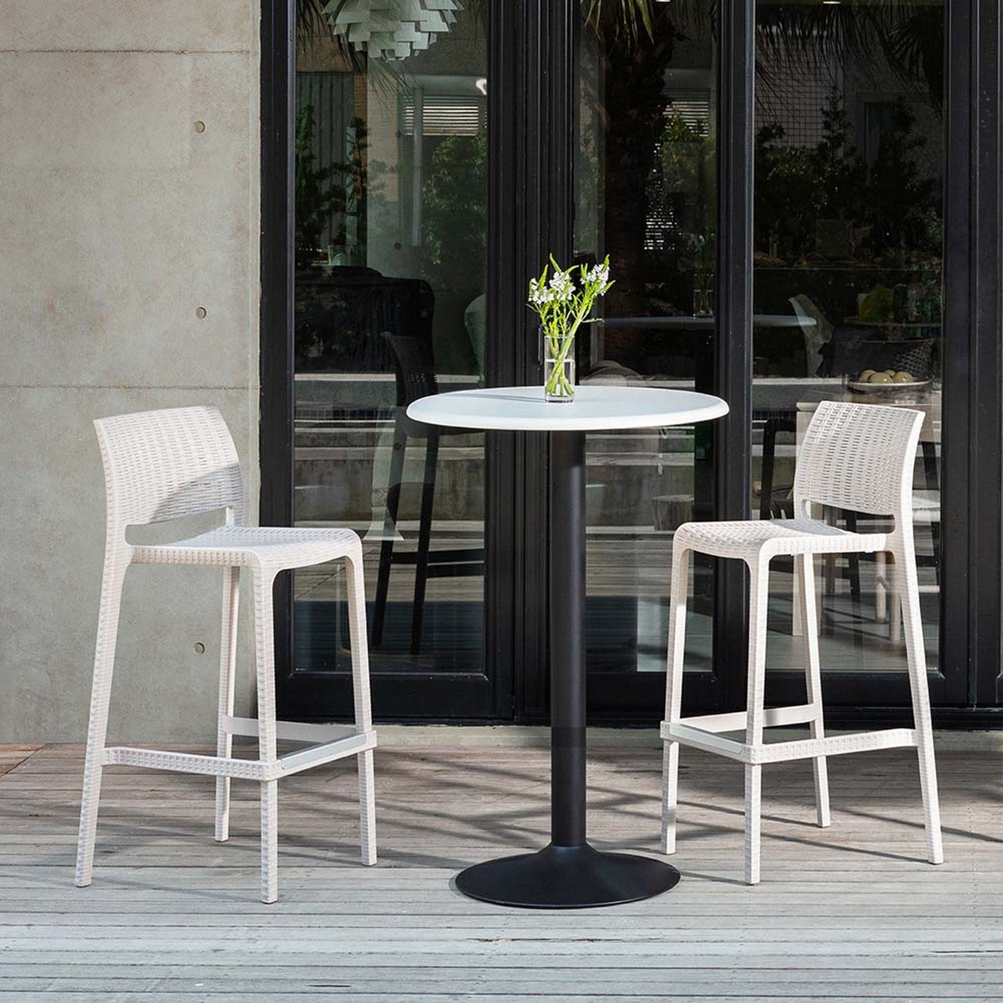 Set of Four 30" White Faux Rattan Heavy Duty Plastic Low Back Outdoor Bar Height Chairs-Outdoor Bar Chairs-DECOROLALA