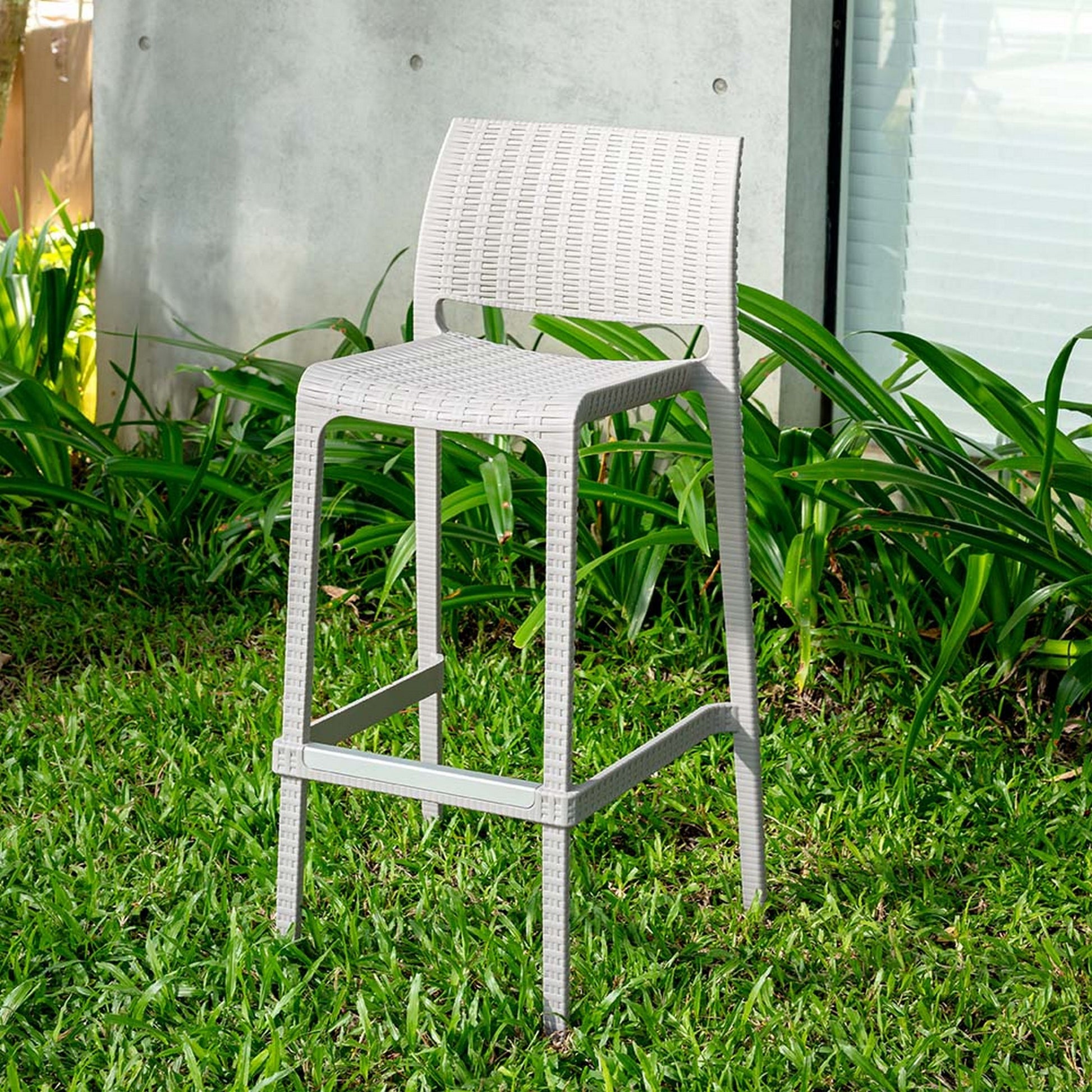 Set of Four 30" White Faux Rattan Heavy Duty Plastic Low Back Outdoor Bar Height Chairs-Outdoor Bar Chairs-DECOROLALA