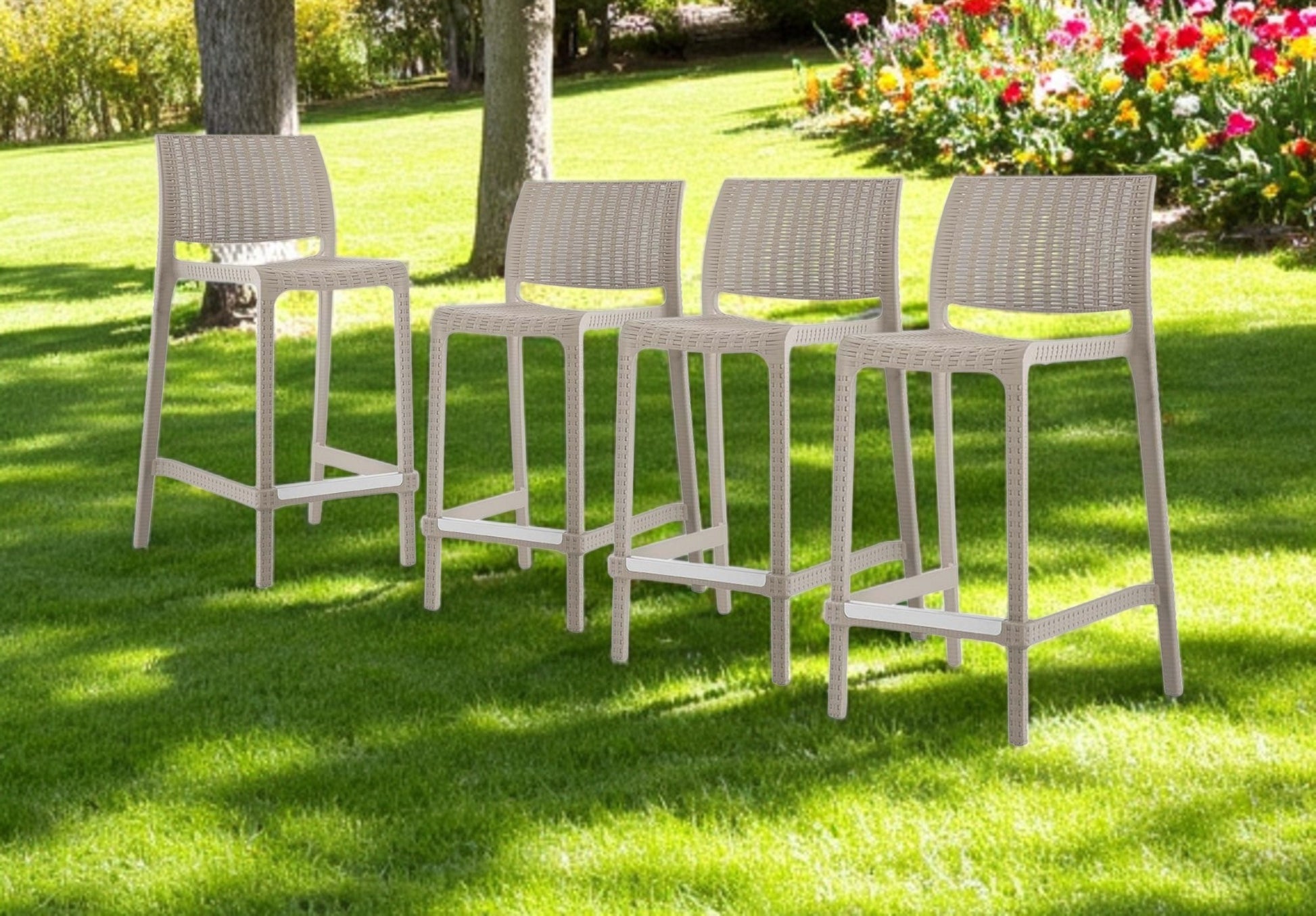 Set of Four 26" Taupe Faux Rattan Heavy Duty Plastic Low Back Outdoor Counter Height Bar Chairs-Outdoor Bar Chairs-DECOROLALA