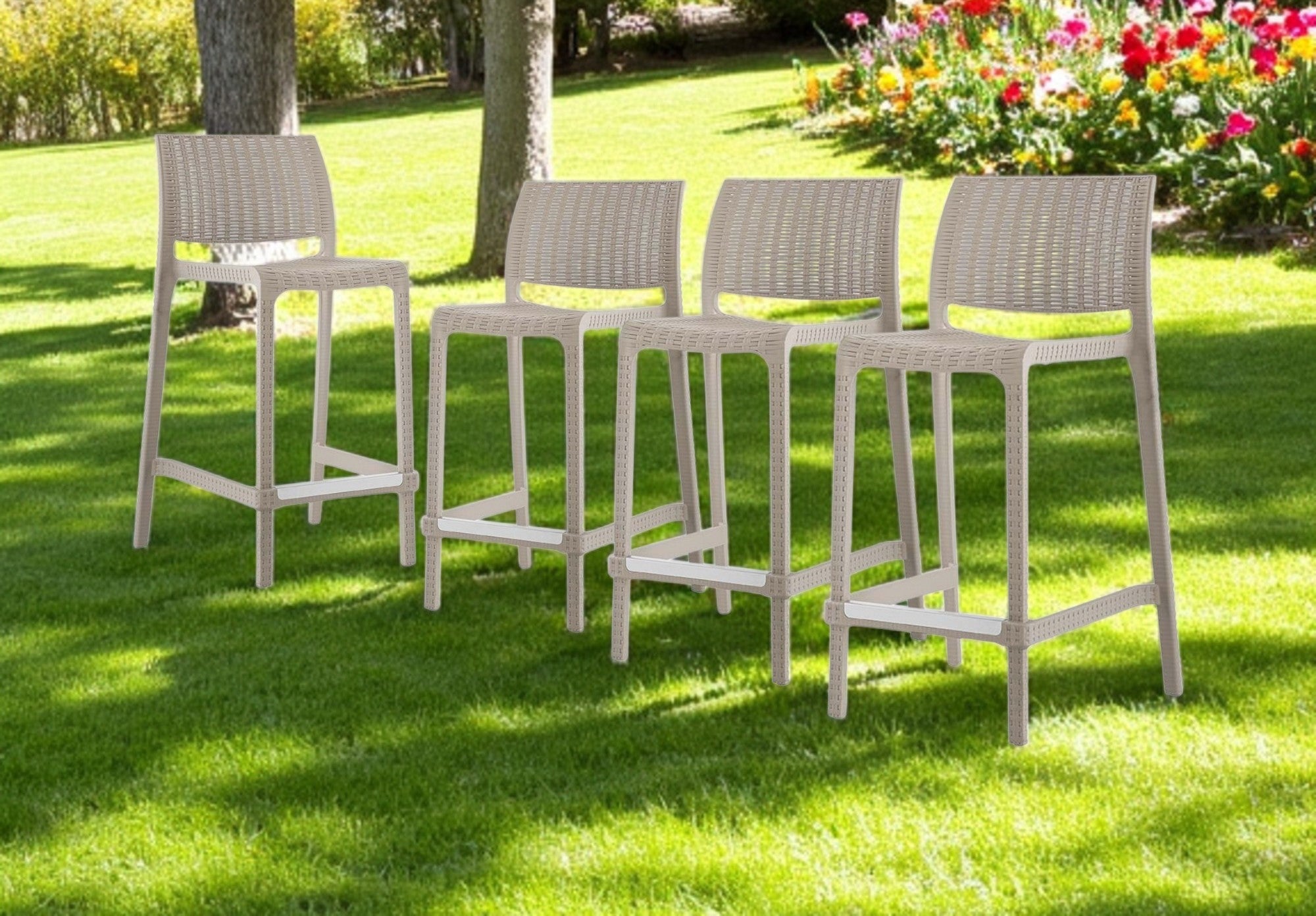 Set of Four 26" Taupe Faux Rattan Heavy Duty Plastic Low Back Outdoor Counter Height Bar Chairs-Outdoor Bar Chairs-DECOROLALA