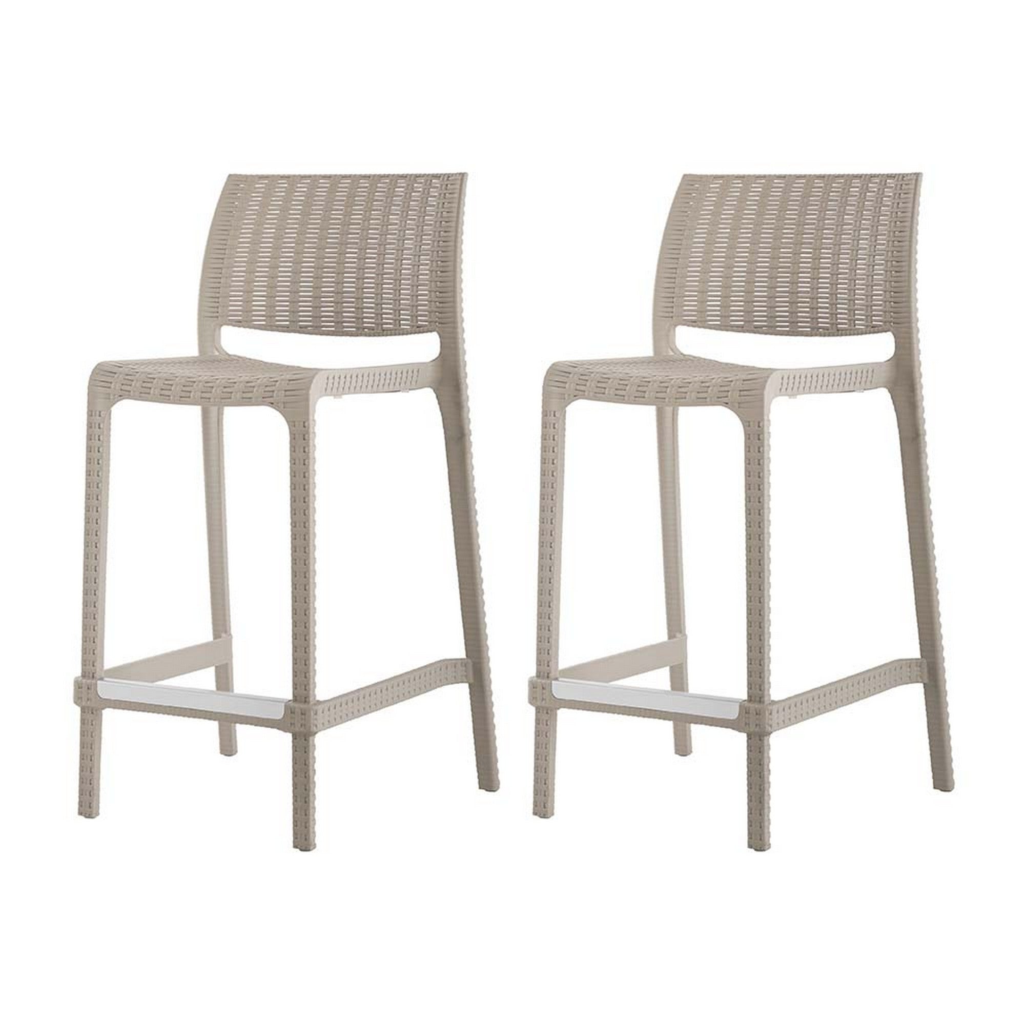 Set of Four 26" Taupe Faux Rattan Heavy Duty Plastic Low Back Outdoor Counter Height Bar Chairs-Outdoor Bar Chairs-DECOROLALA