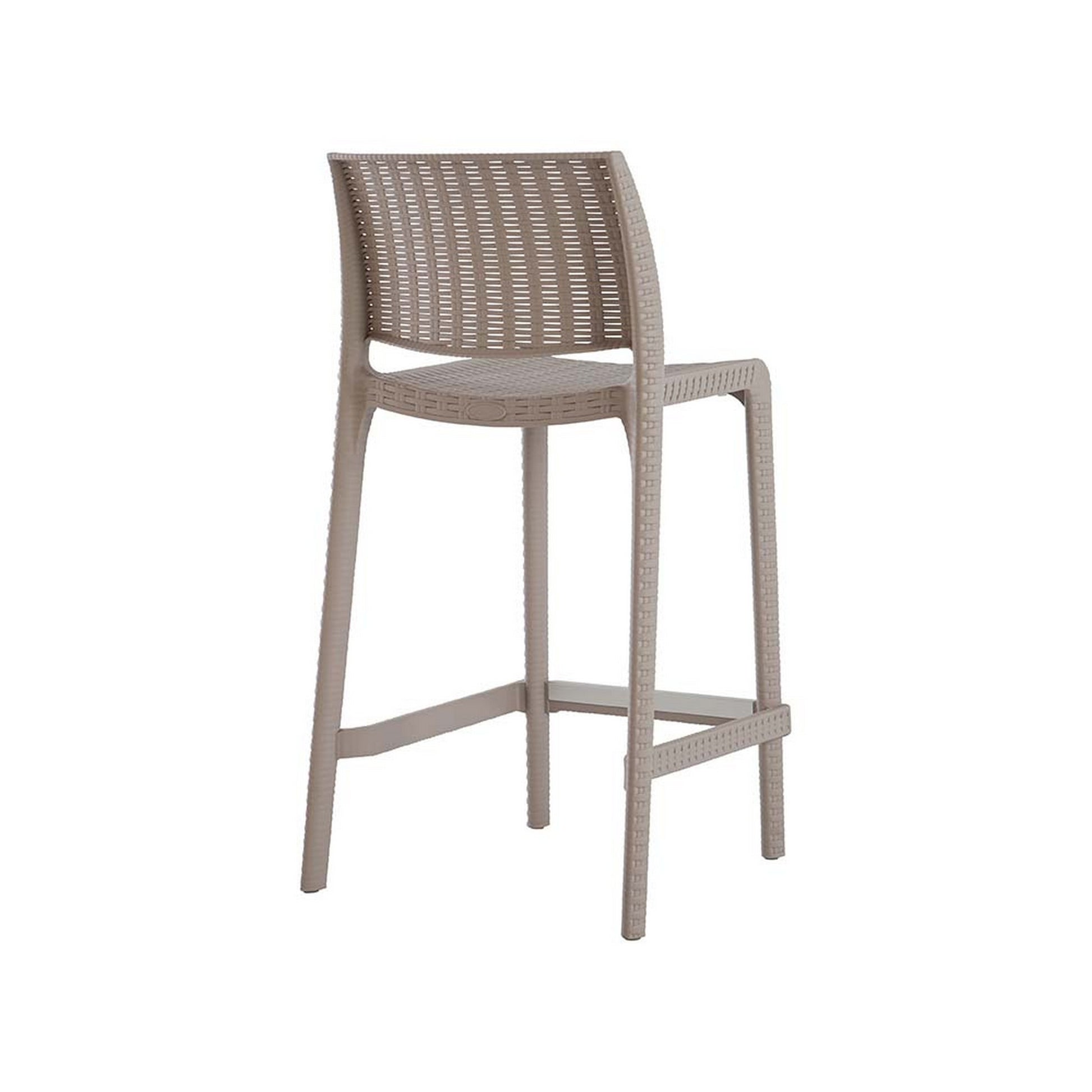 Set of Four 26" Taupe Faux Rattan Heavy Duty Plastic Low Back Outdoor Counter Height Bar Chairs-Outdoor Bar Chairs-DECOROLALA